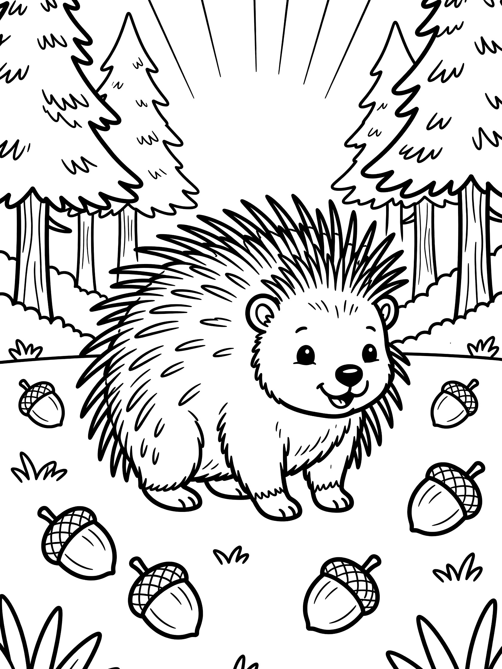 Black and white line art coloring page showing a cute hedgehog standing in a forest clearing with pine trees, acorns on the ground, grass, and sun rays. Porcupine themed black and white printable line art