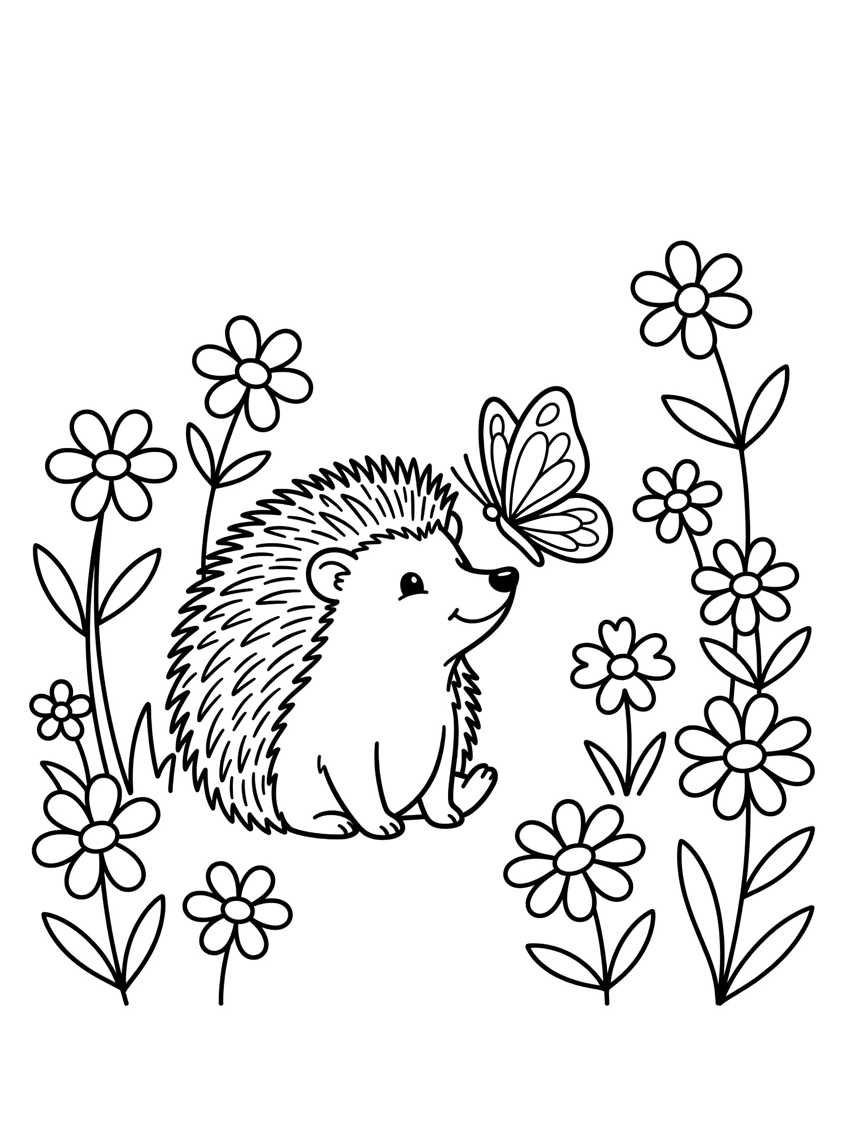 Black and white line art coloring page showing a friendly hedgehog sitting with a butterfly landing on its nose amid simple flowers
