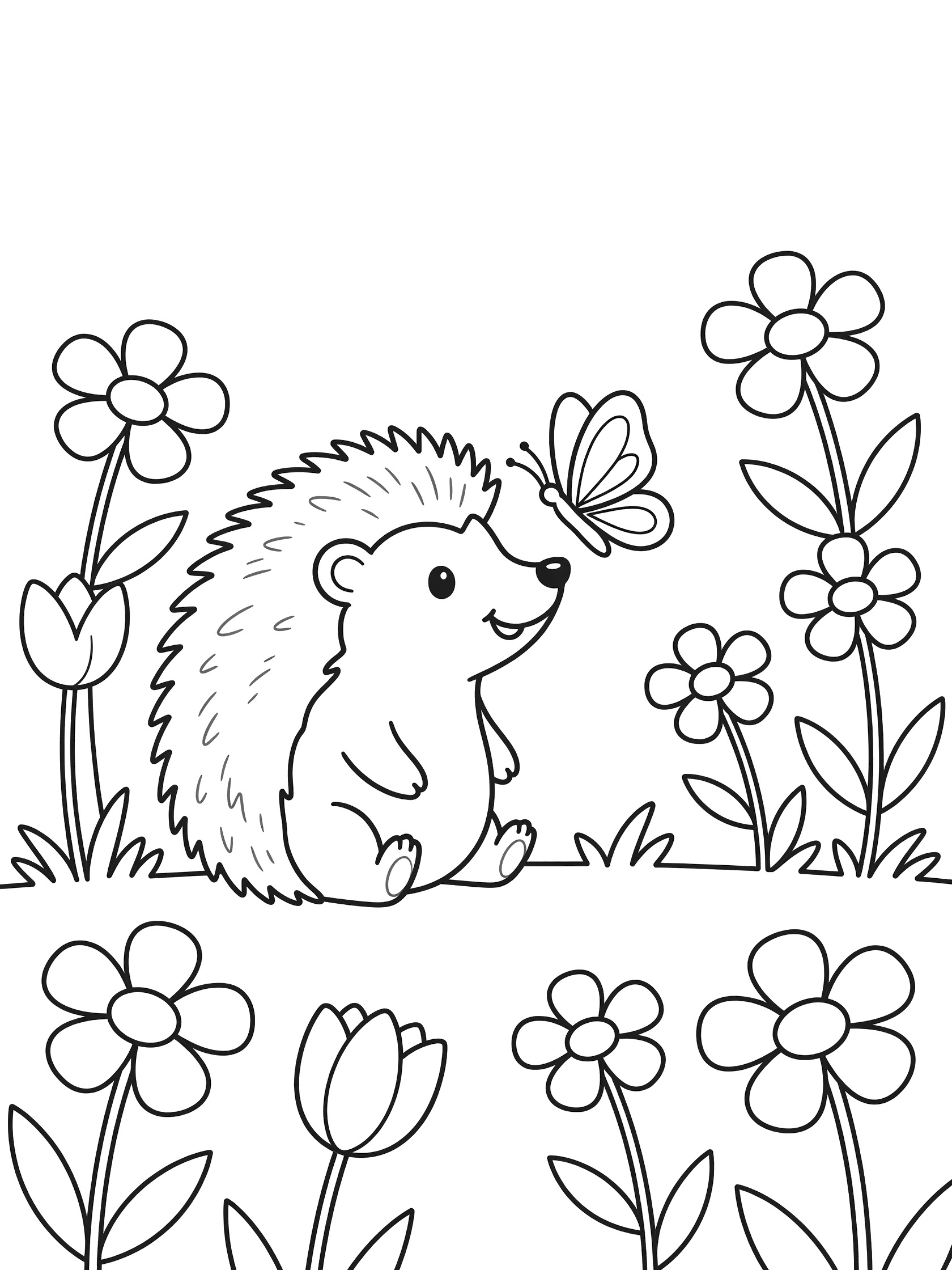 Black and white line art coloring page showing a friendly hedgehog sitting with a butterfly landing on its nose amid simple flowers and stems.