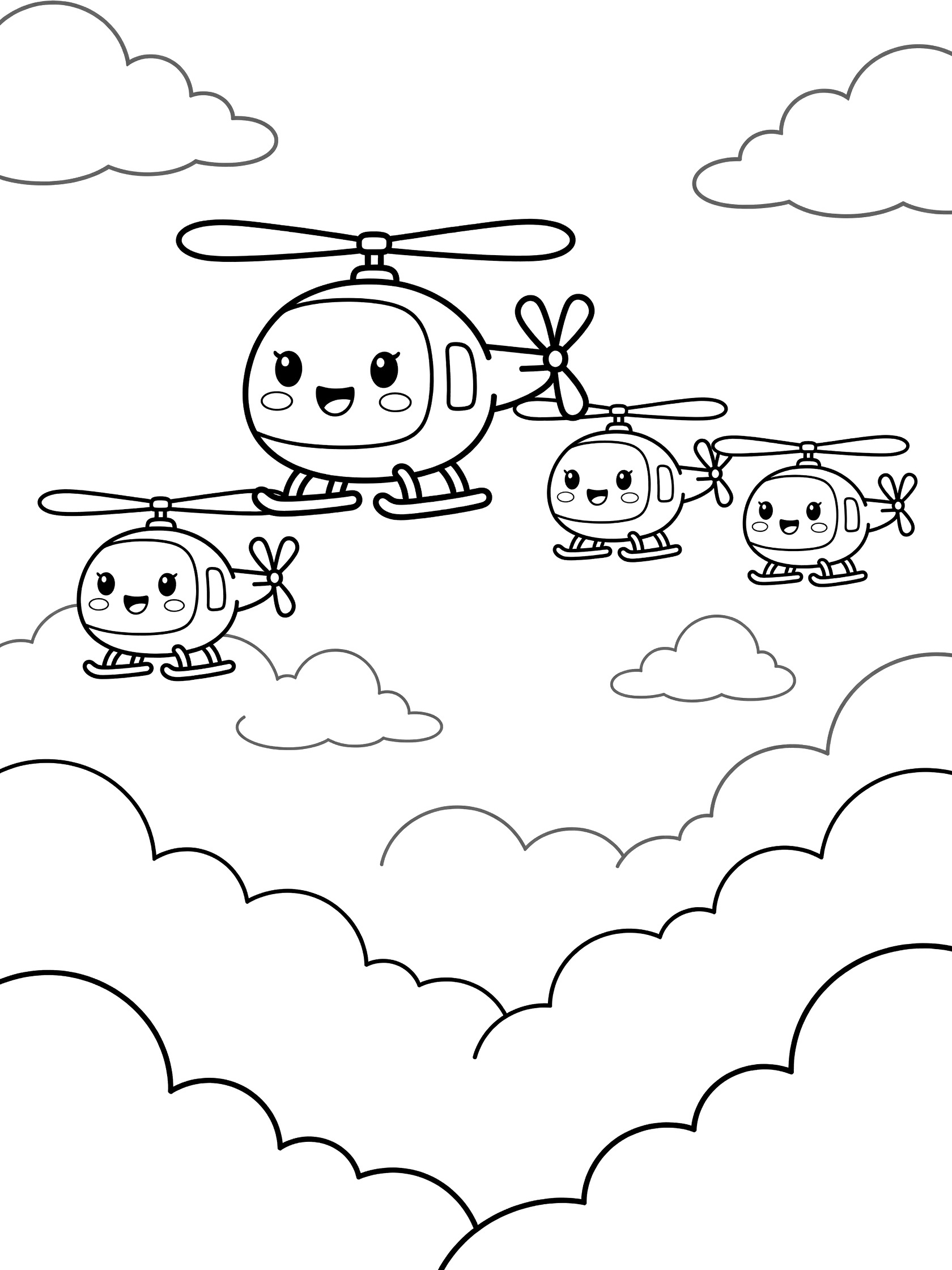 Black and white line art coloring page of four cute kawaii helicopters in V-formation flying among billowy clouds, lead helicopter with sparkling eyes and rosy cheeks.