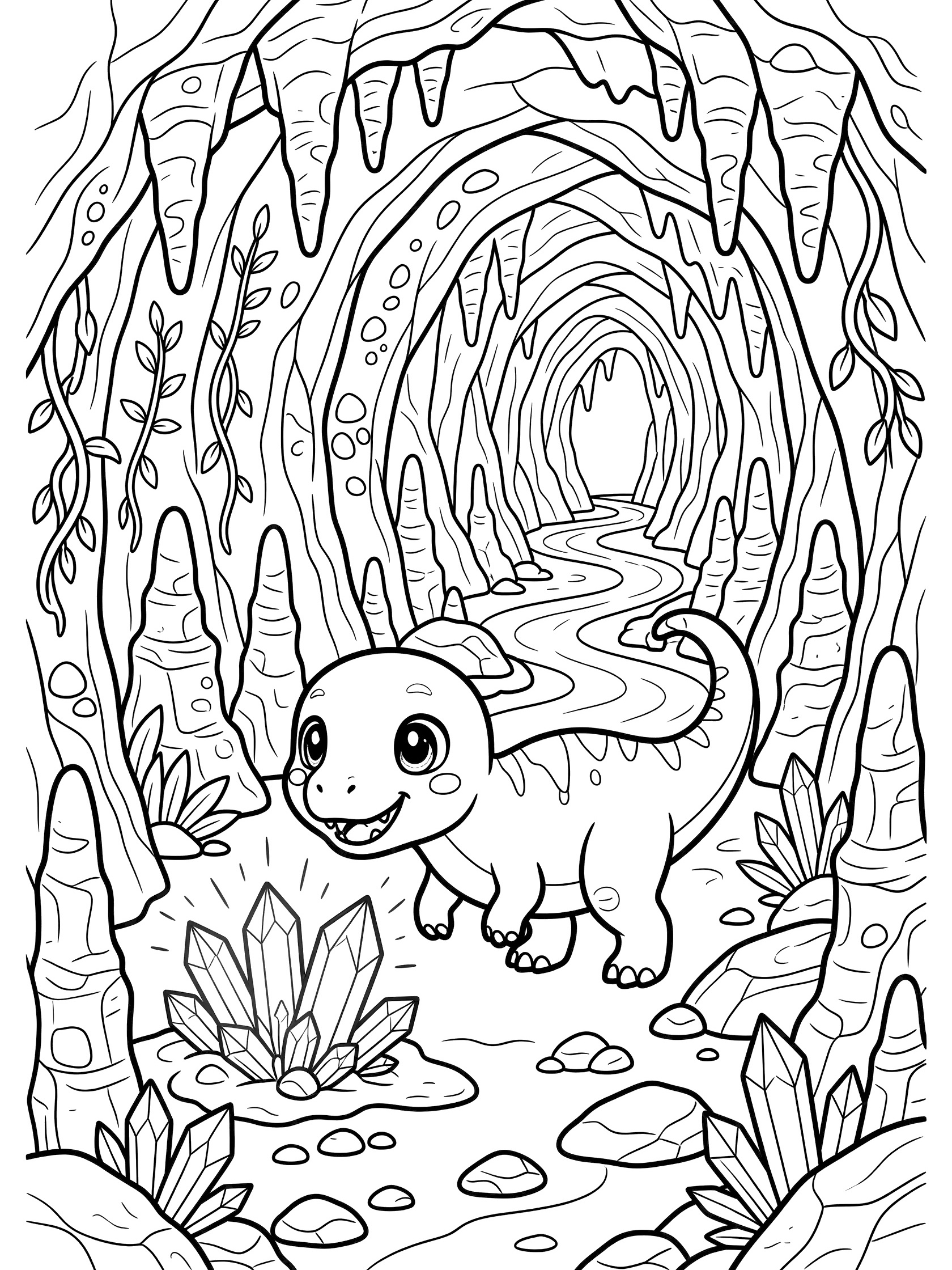 Black and white line art of a kawaii Herrerasaurus dinosaur exploring a cave, sniffing crystals amid stalactites, stalagmites, vines, and rocky tunnels.