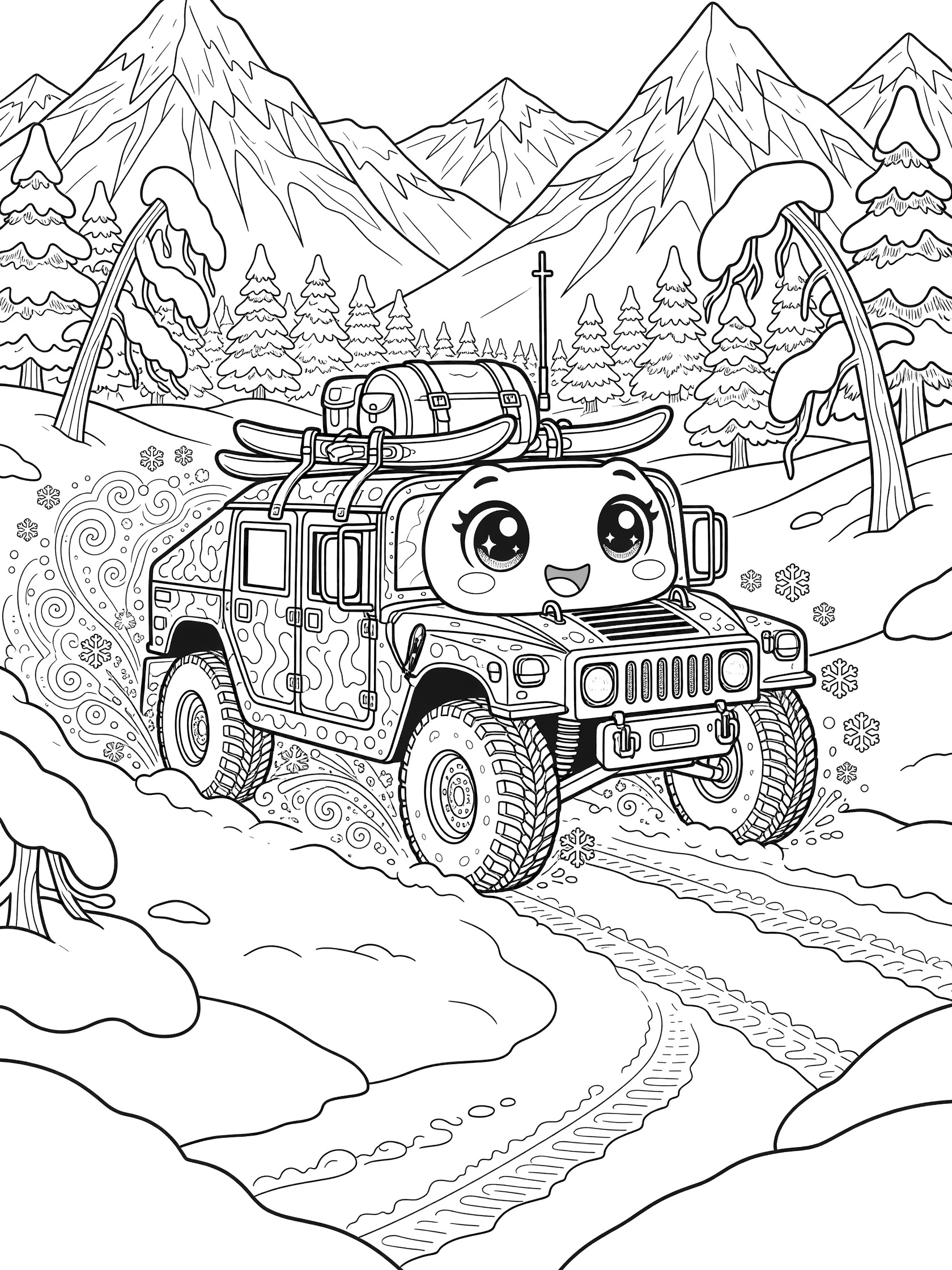 Kawaii Humvee coloring page showing a happy-faced military jeep with skis and backpack powering through snowy mountains, surrounded by pine trees and tire tracks.