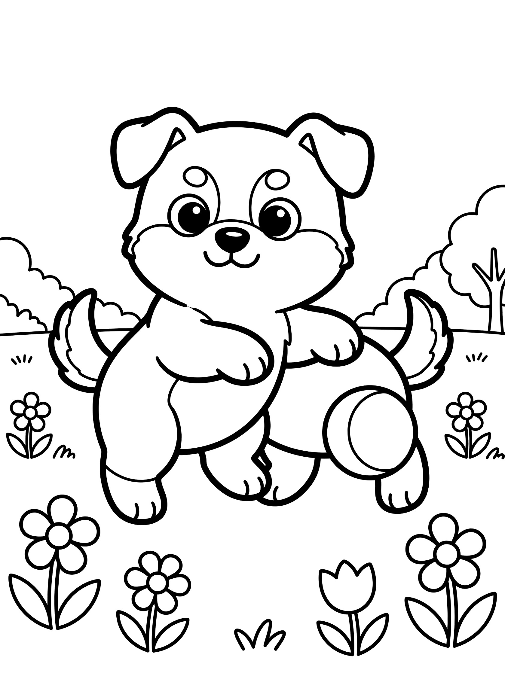 Black and white line art of a chubby husky puppy with big eyes bouncing a round ball, surrounded by flowers and park trees on a pure white background.