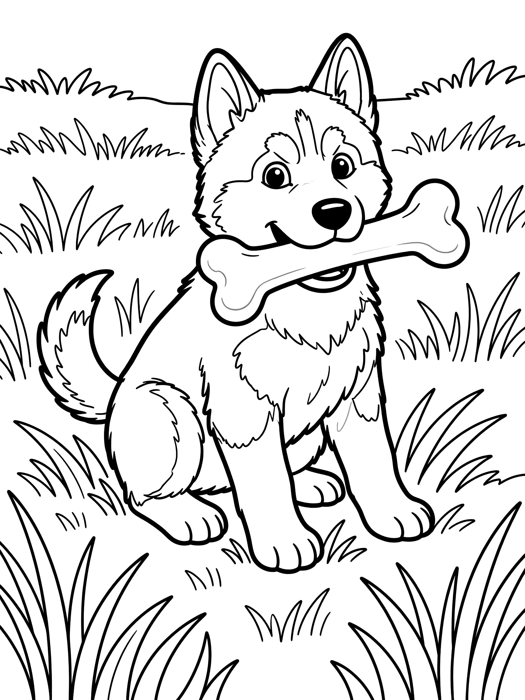Black and white line art coloring page showing a playful husky puppy sitting with a bone in its mouth surrounded by grass.