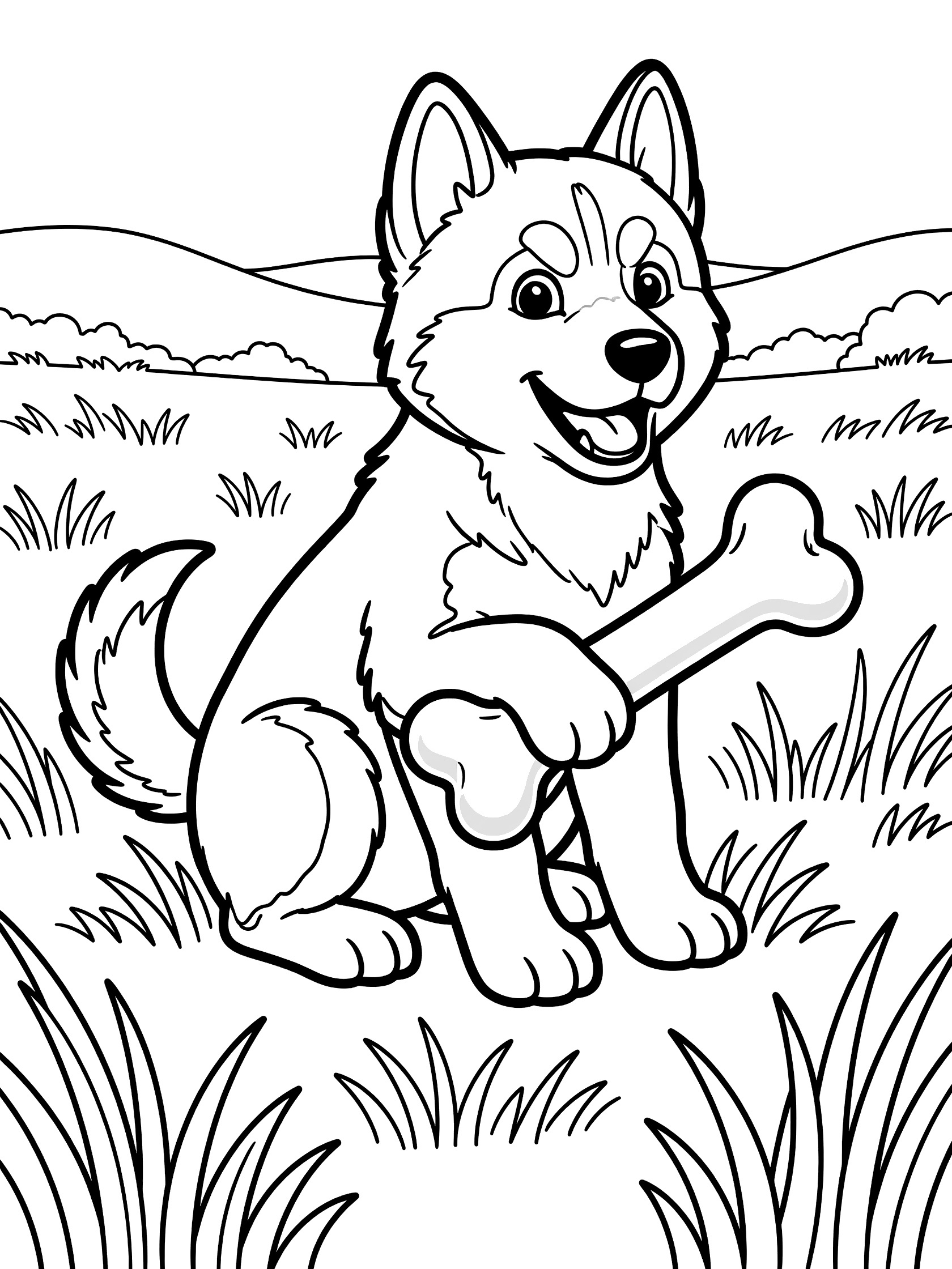 Black and white line art coloring page showing a cute husky puppy holding a large bone while sitting in tall grass with distant hills.