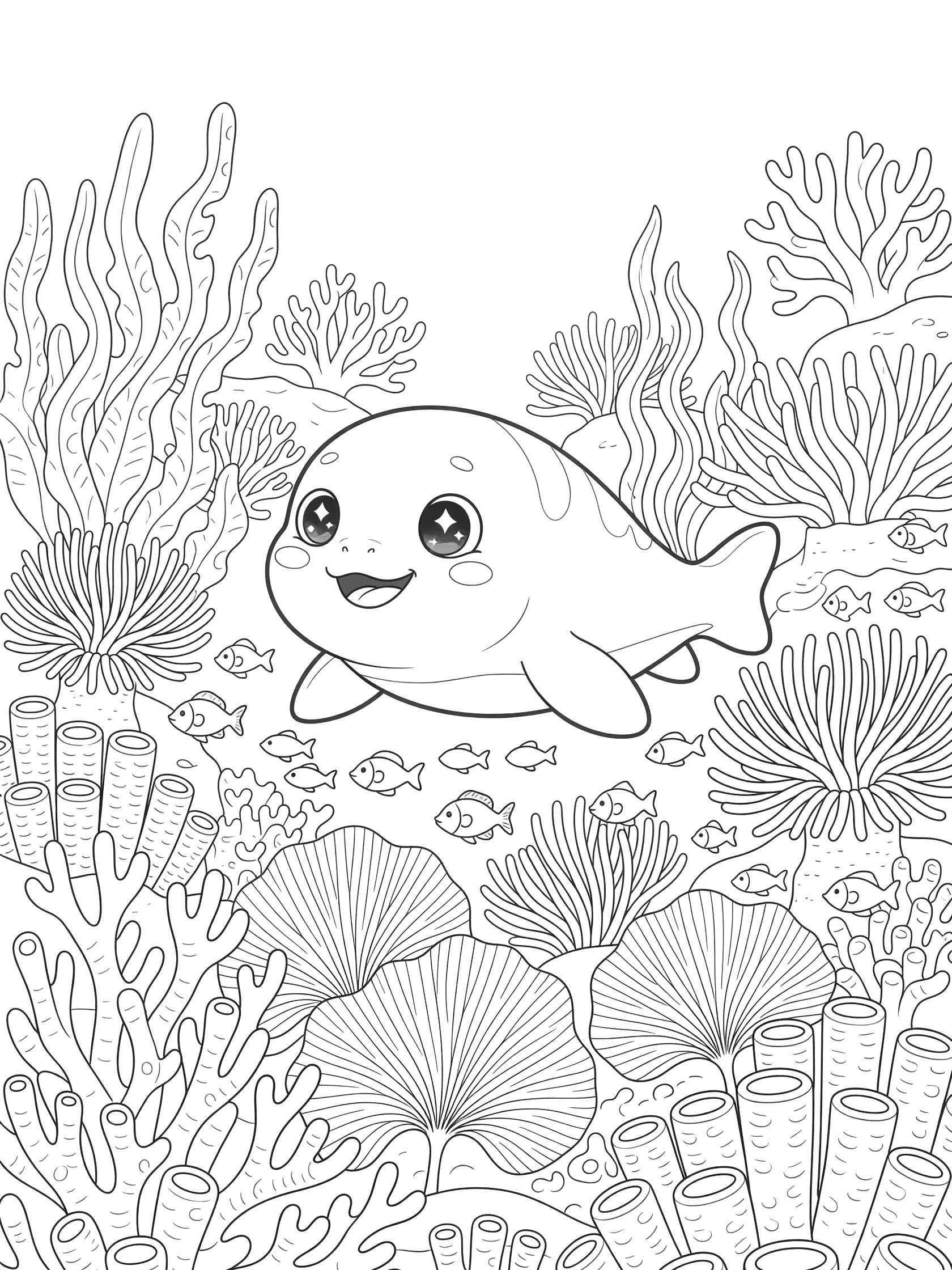 Kawaii-style Ichthyosaurus with big eyes and smile swimming among corals, tropical fish, and seaweed in a printable coloring page