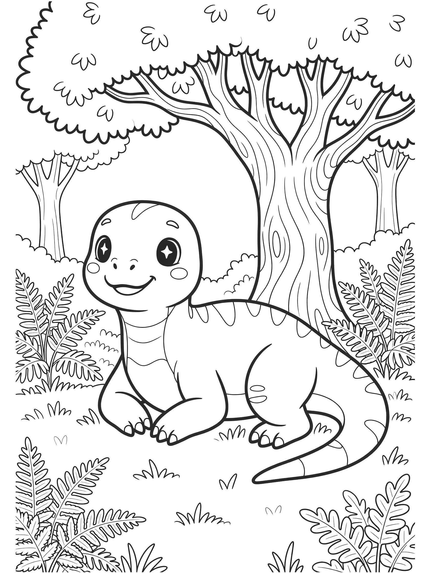 Kawaii-style Iguanodon dinosaur with big eyes and smile, lying on grass under a large tree with twisting branches, ferns, and detailed leaves in line art for coloring.
