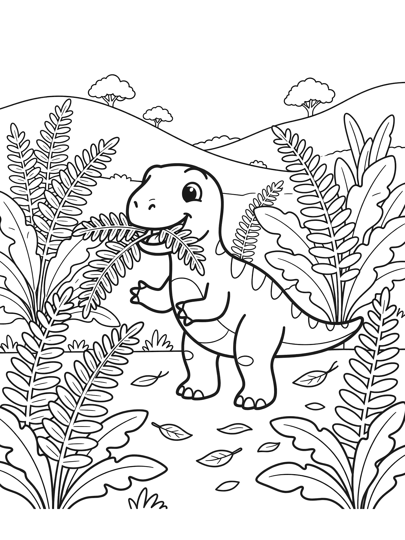 Cartoon Iguanodon dinosaur happily eating large fern fronds surrounded by ferns, leaves, and hills in a simple line art coloring page.