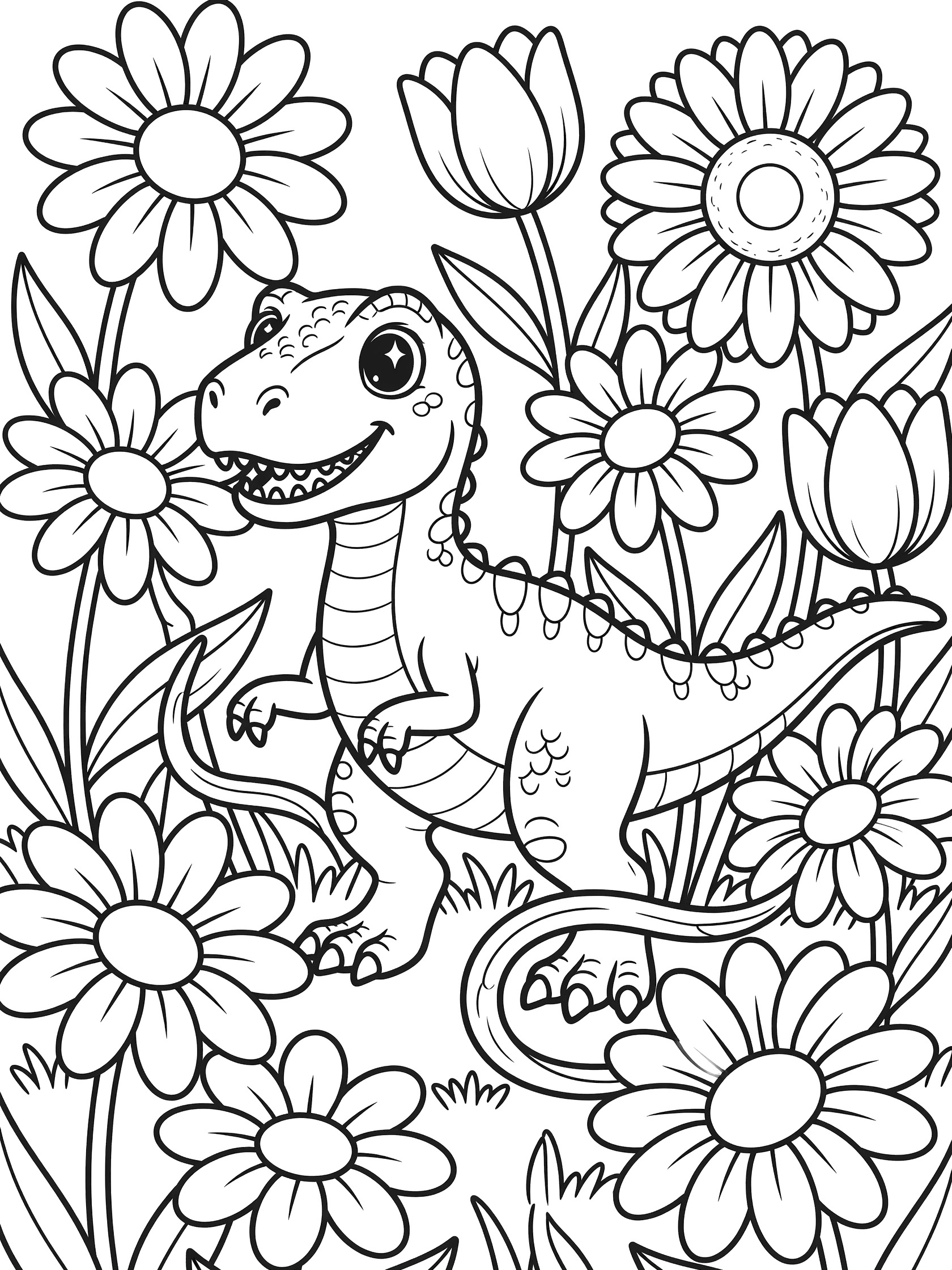 Cute Indominus Rex dinosaur with big eyes and smile surrounded by oversized flowers in a printable coloring page
