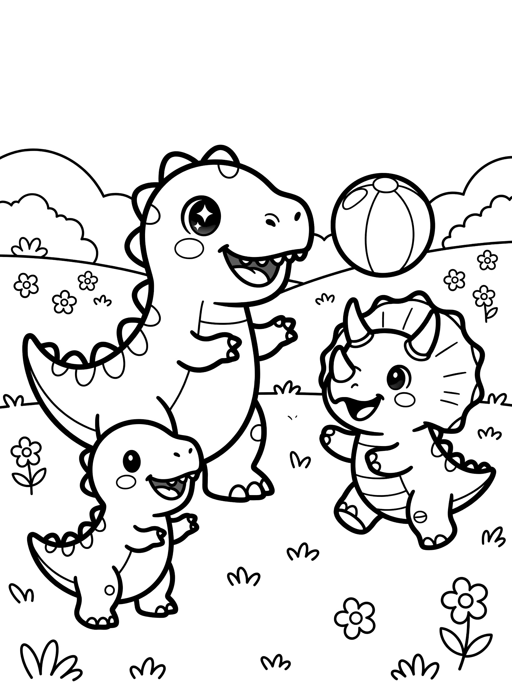 Kawaii Indominus Rex dinosaur with big eyes and smile tossing a bouncy ball to chubby baby T-Rex and jumping Triceratops friends in a meadow coloring page line art