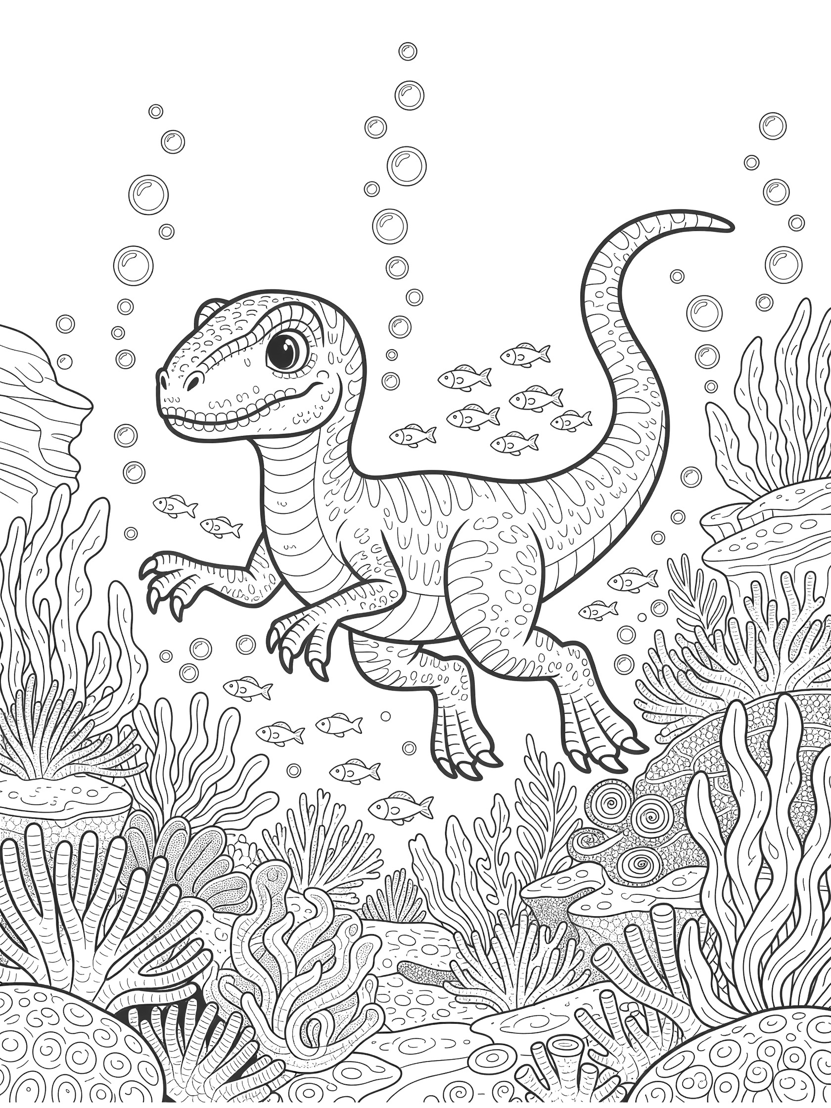 Black and white line art of a cute cartoon Indoraptor swimming underwater surrounded by coral, seaweed, tiny fish, bubbles, and rocks.