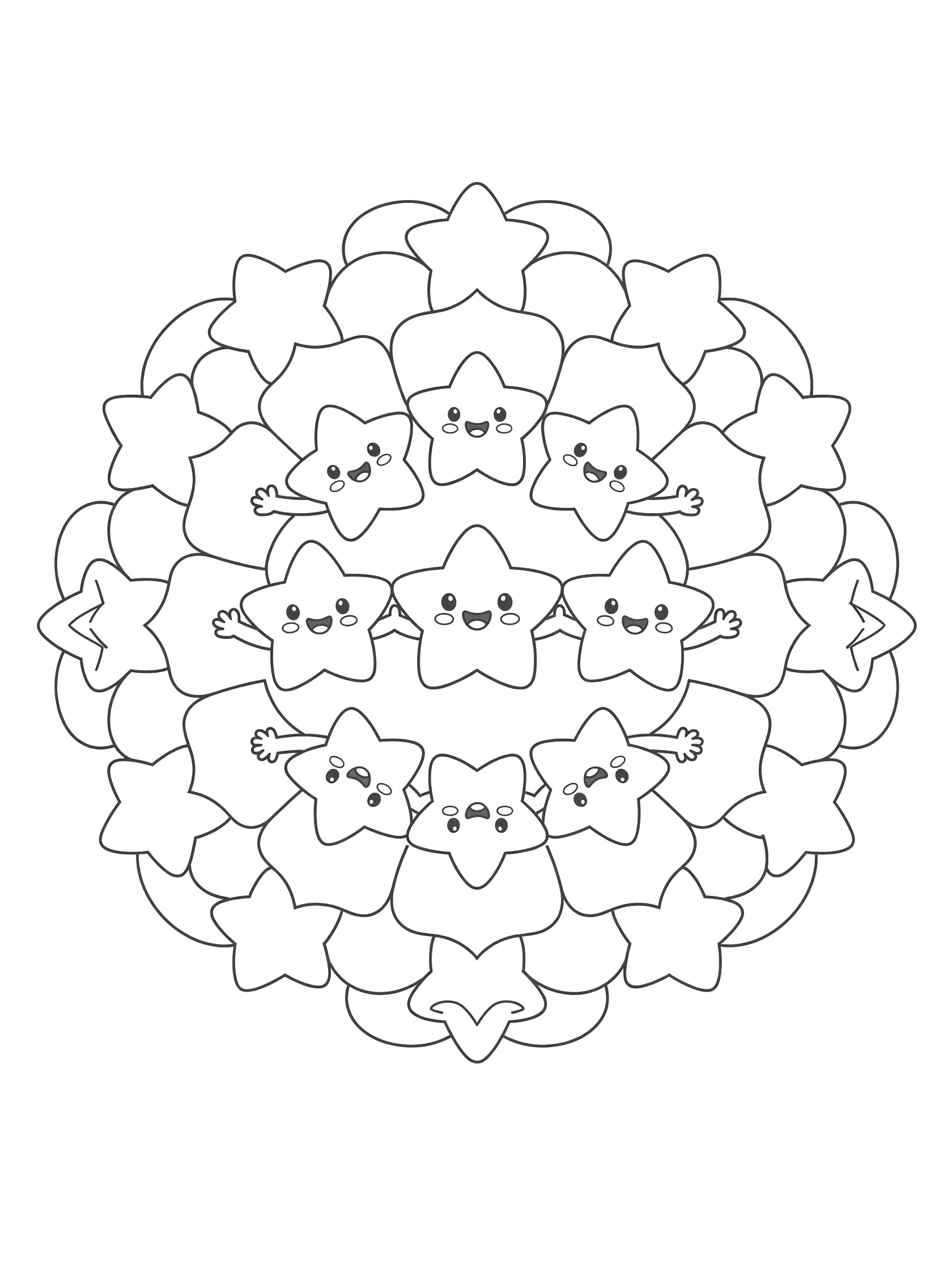 Kawaii-style mandala coloring page featuring interlocked happy stars with rounded faces and arms linking together, surrounded by star patterns.