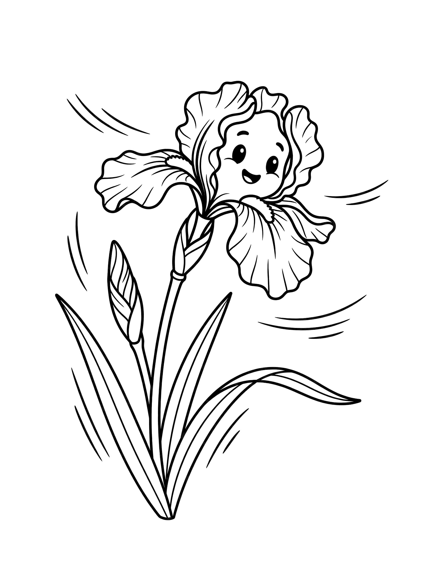 Printable coloring page showing a cute smiling iris flower leaning gently with petals fluttering in the breeze, long leaves bending along the stem, and wind motion lines, all in clean black line art on white background