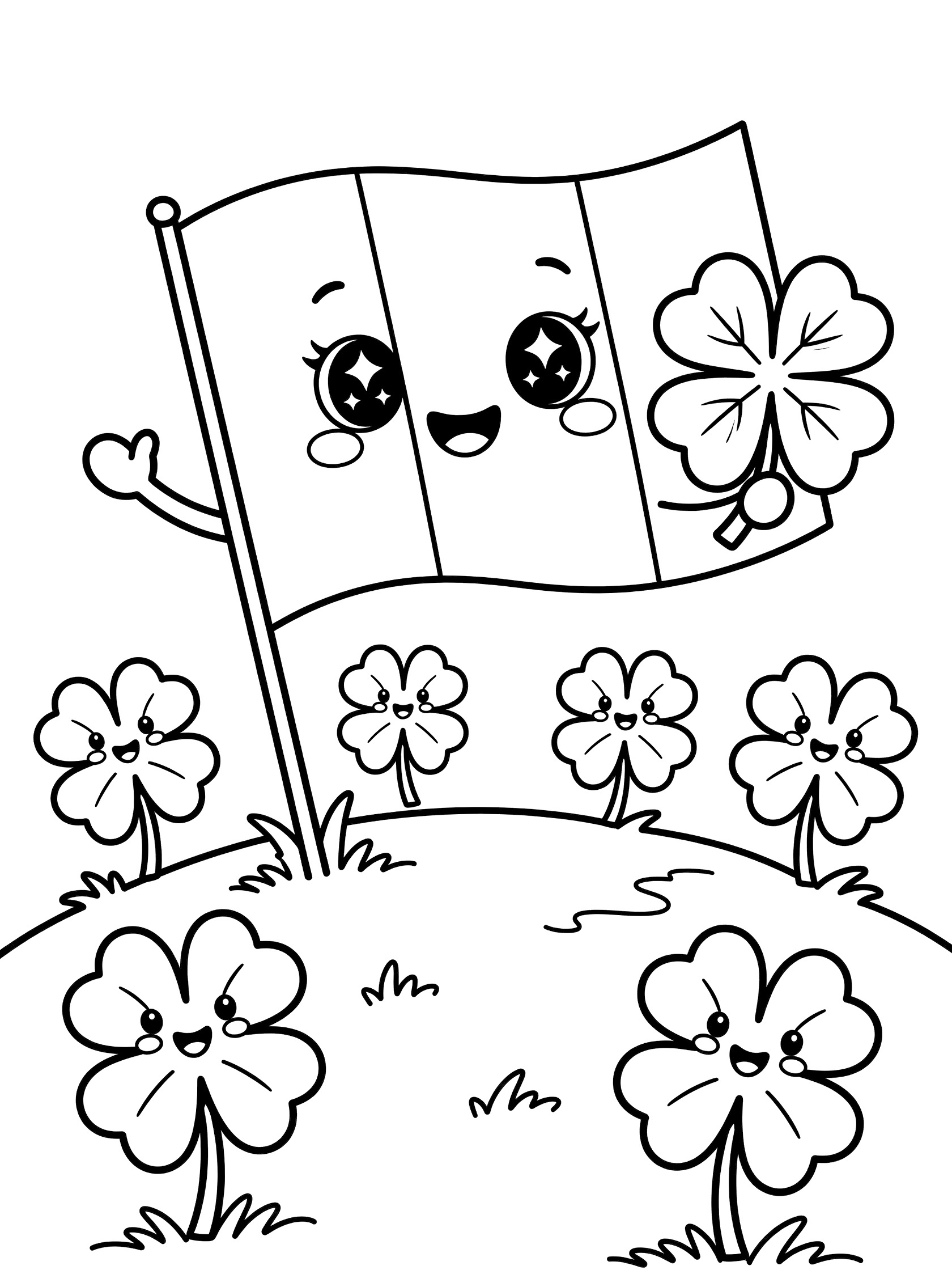 Kawaii anthropomorphic Irish flag holding a four-leaf clover, with smiling clovers around on a grassy hill, St. Patrick's Day coloring page