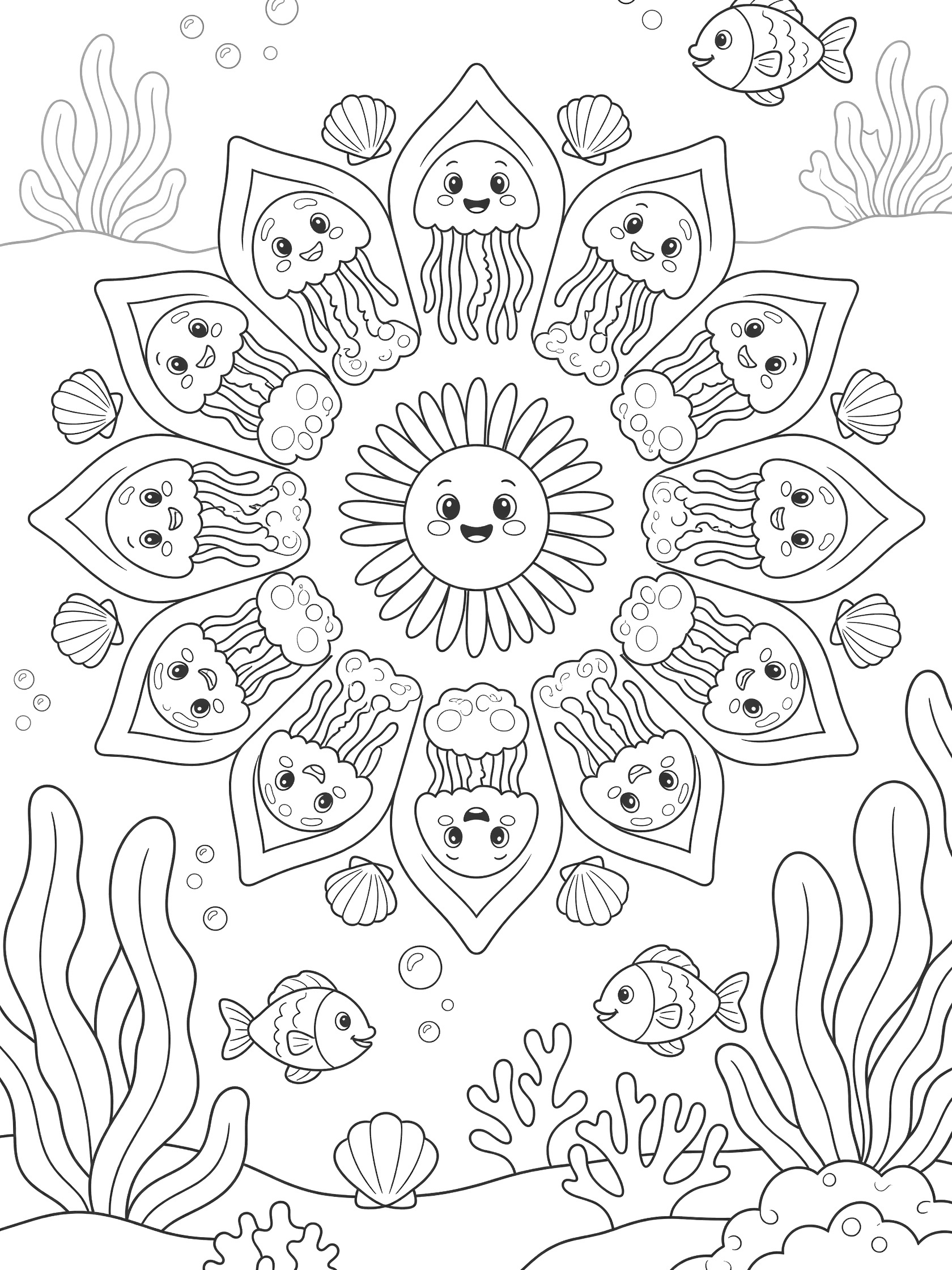 Cute cartoon floral sunburst mandala coloring page featuring smiling jellyfish, tropical fish, seaweed, bubbles and seashells in an underwater scene.