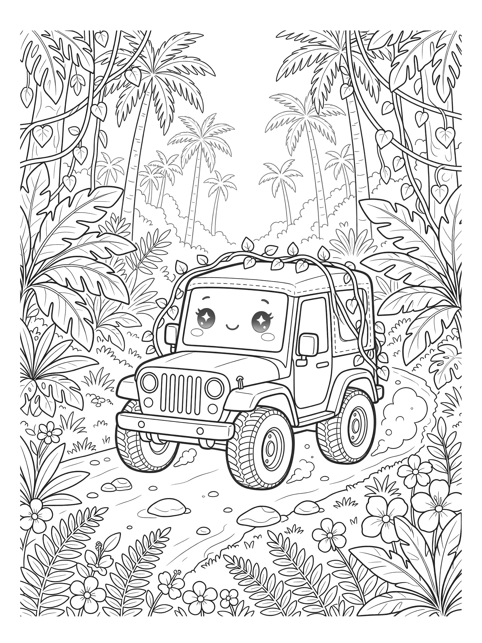 Kawaii-style line art coloring page featuring a cute chibi military Jeep with sparkling eyes and rosy cheeks bouncing on a dirt path in a dense jungle surrounded by ferns, flowers, vines, and misty palm trees.