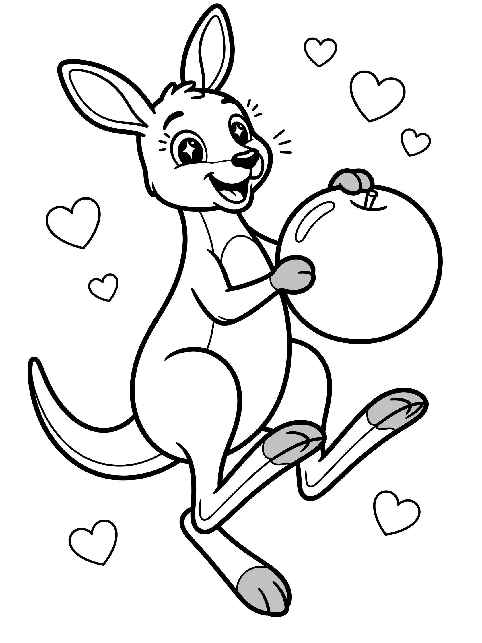 Black and white line art coloring page showing a cheerful kangaroo with big eyes holding a large round ball, surrounded by hearts.
