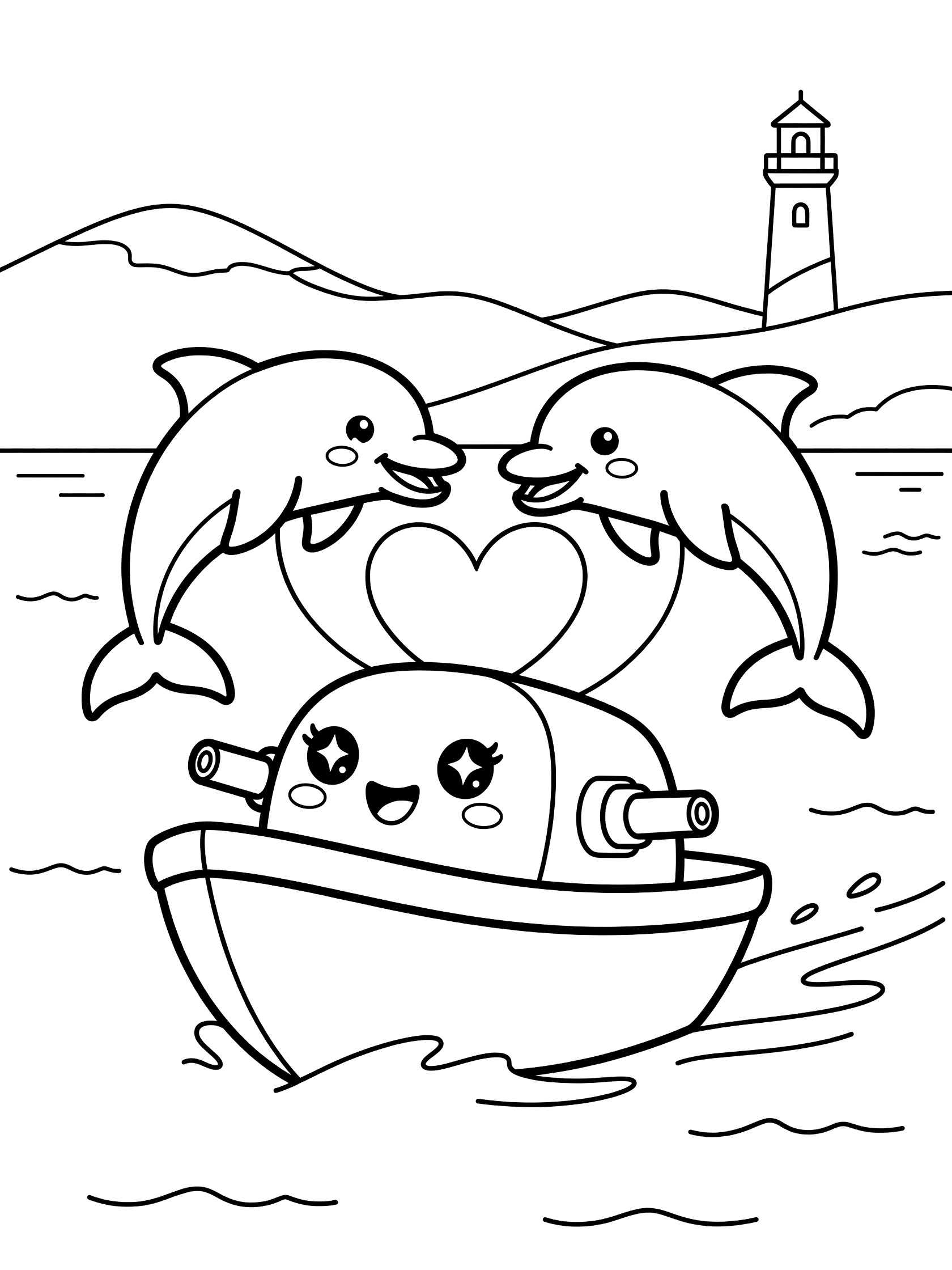 Black and white line art of a cute kawaii gunboat with sparkling eyes, rosy cheeks, smile, side cannons, playful dolphins jumping in heart shape, calm waves, hills, and lighthouse.