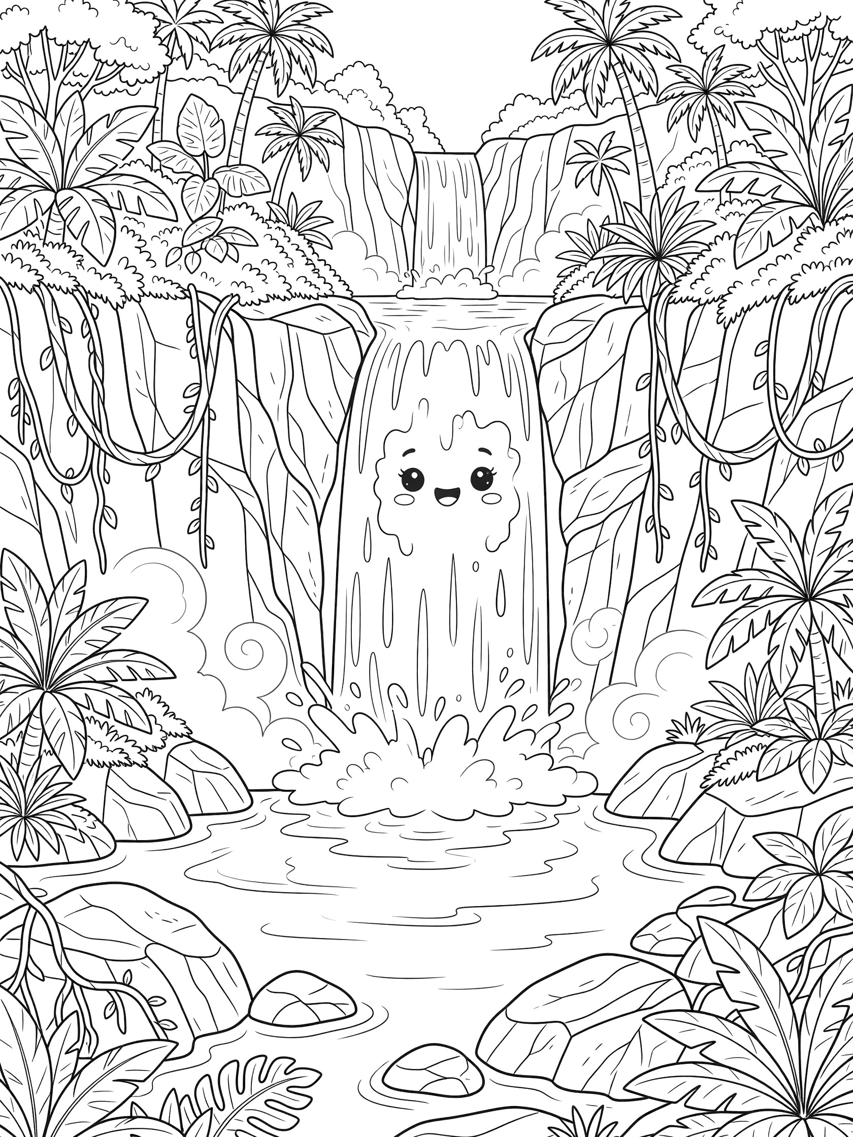 Black and white line art coloring page showing a smiling kawaii-style waterfall tumbling into a pool surrounded by jungle palms, vines and rocks. Congo River themed black and white printable line art
