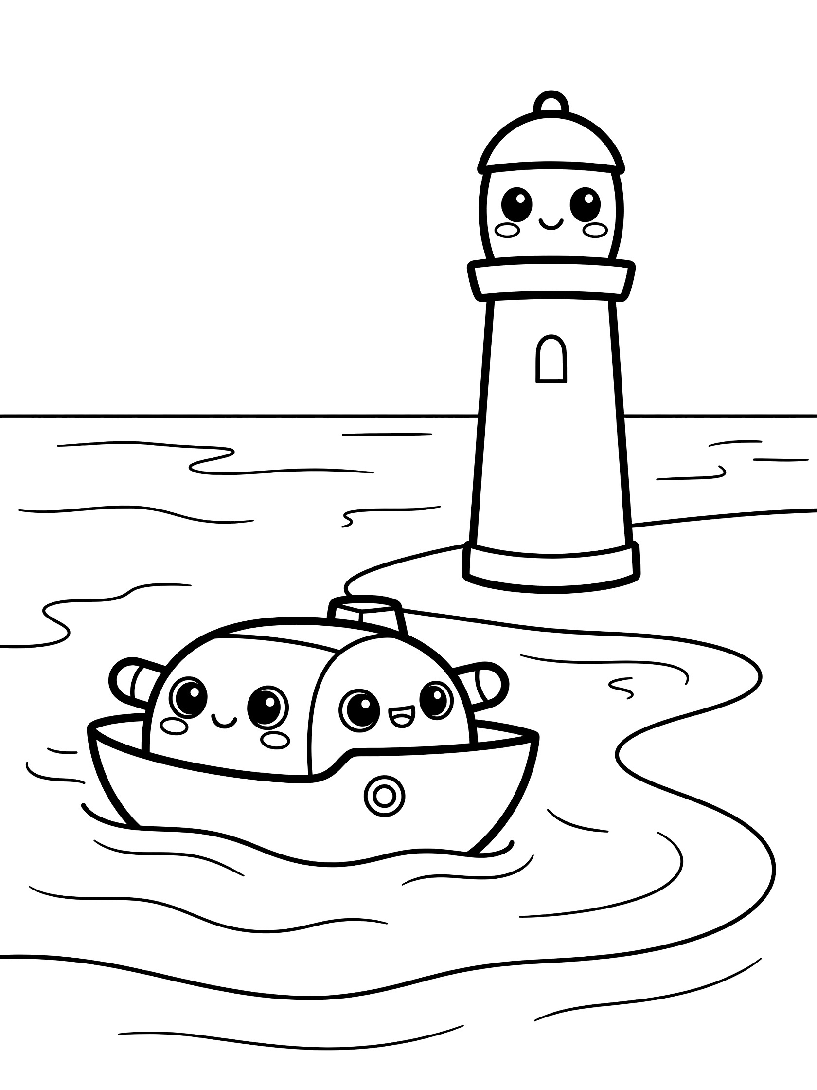 Black and white printable coloring page showing adorable kawaii-style lighthouse with happy eyes next to a cute boat with face floating on wavy water. Torpedo Boat themed black and white printable line art