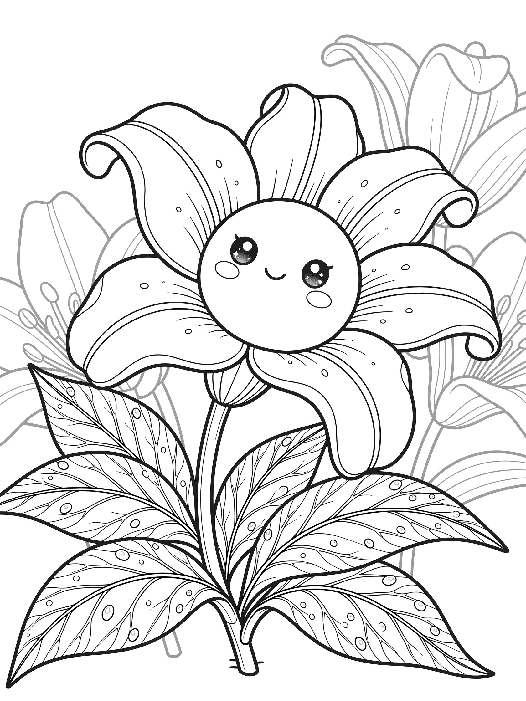 Black-and-white coloring page of a kawaii lily flower in close-up with happy face, oversized petals, chubby stamen eyes, layered leaves, and tiny dew drops.