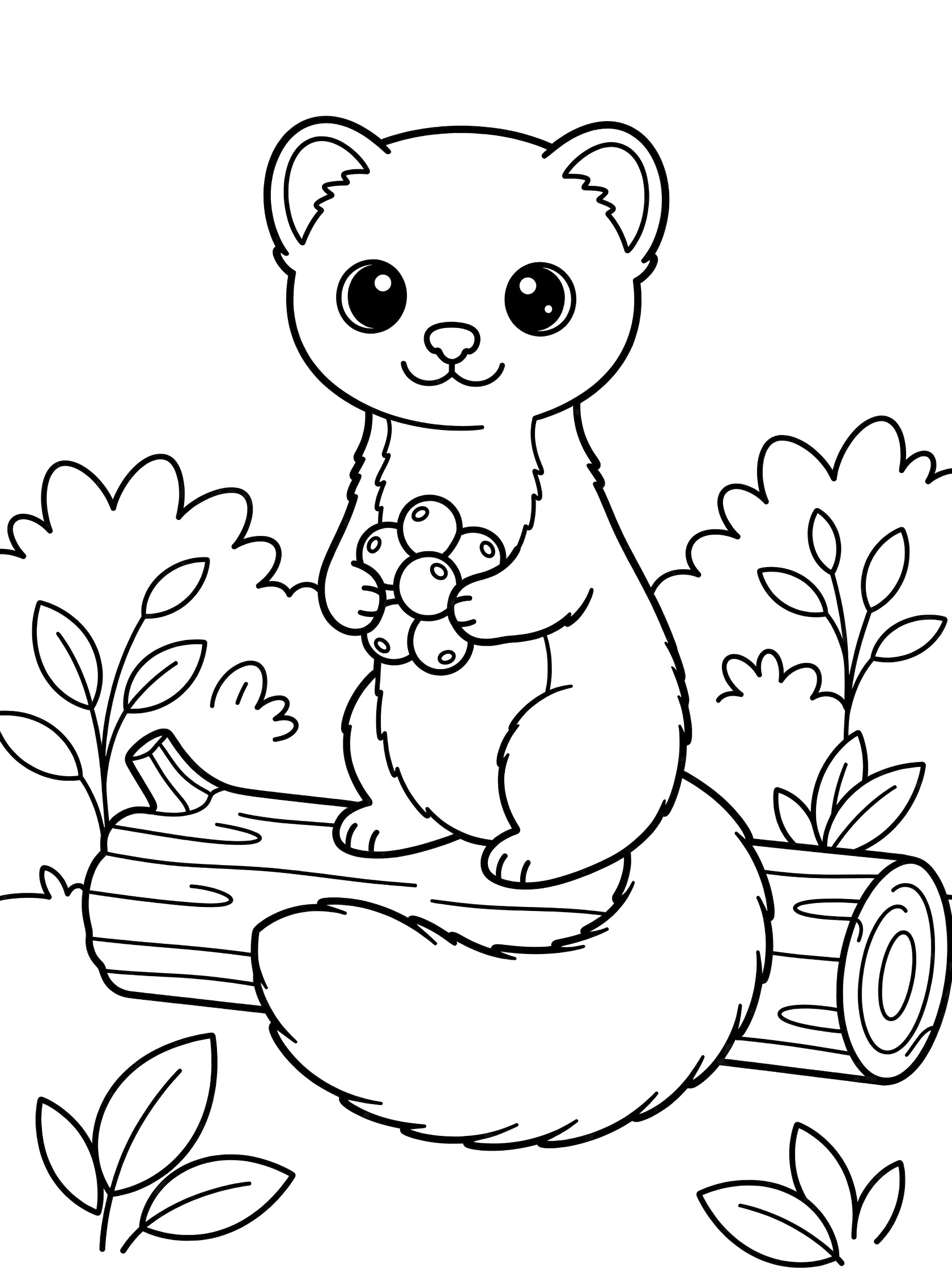 Black and white line art coloring page featuring a kawaii marten with big eyes sitting on a log, holding a berry in its paws, with fluffy tail and surrounding bushes.