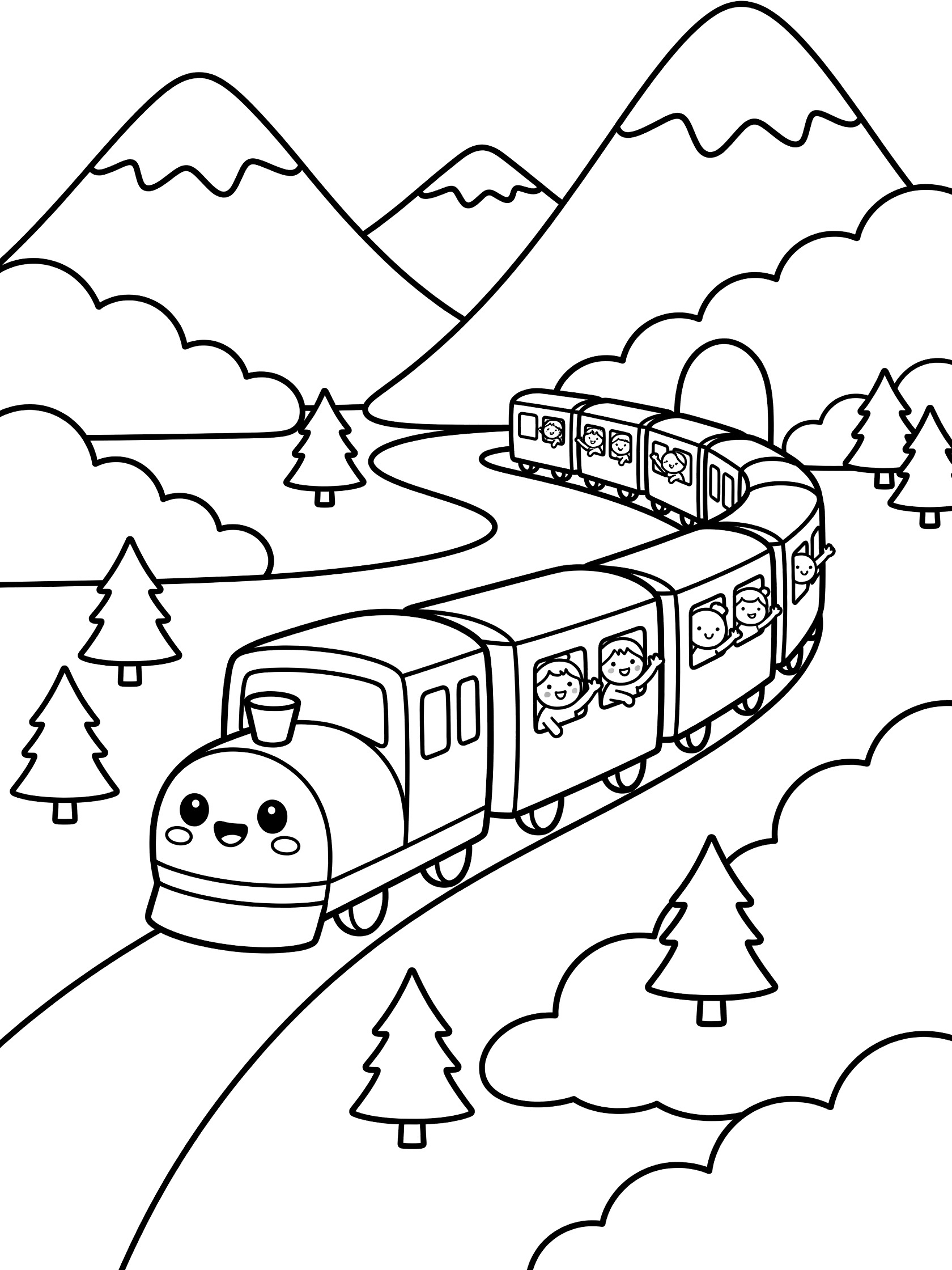 Black and white coloring page of a happy-eyed passenger train on a winding track through mountains, with passengers waving from windows and pine trees.