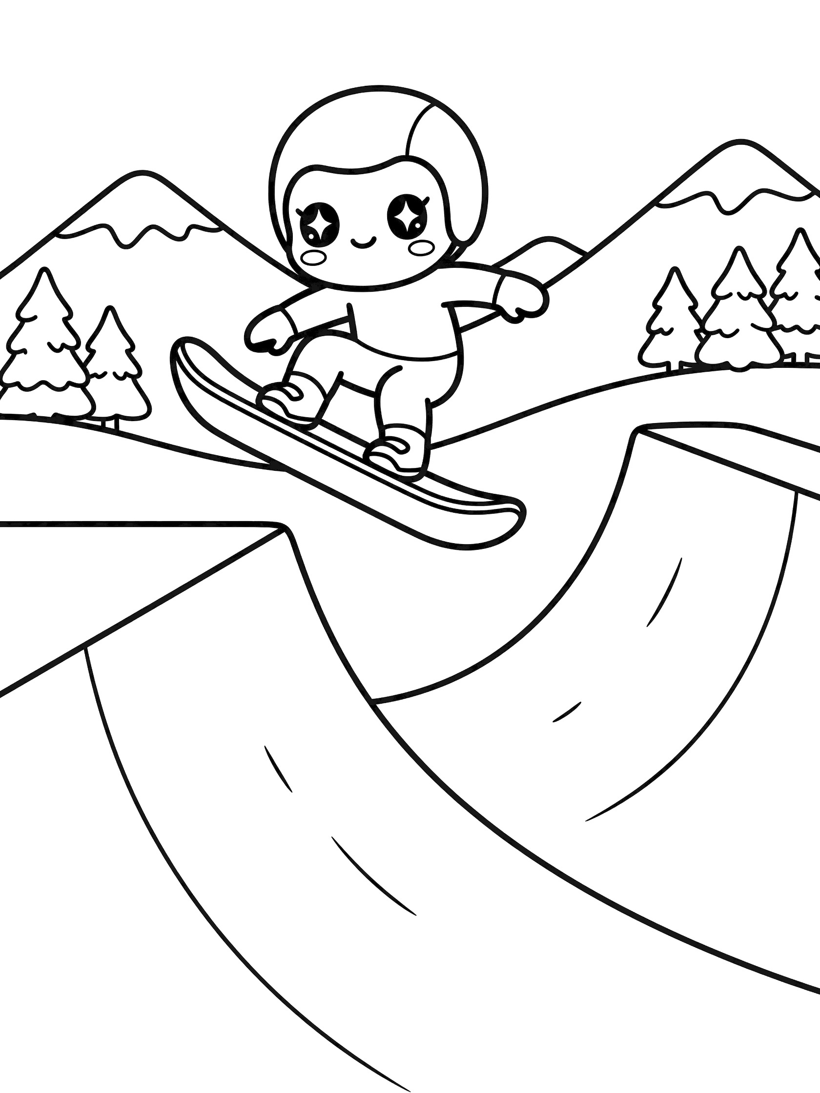 Kawaii-style snowboarder in helmet catching air in snowy halfpipe, hand grabbing nose of snowboard, sparkly eyes, mountains and trees, clean line art coloring page