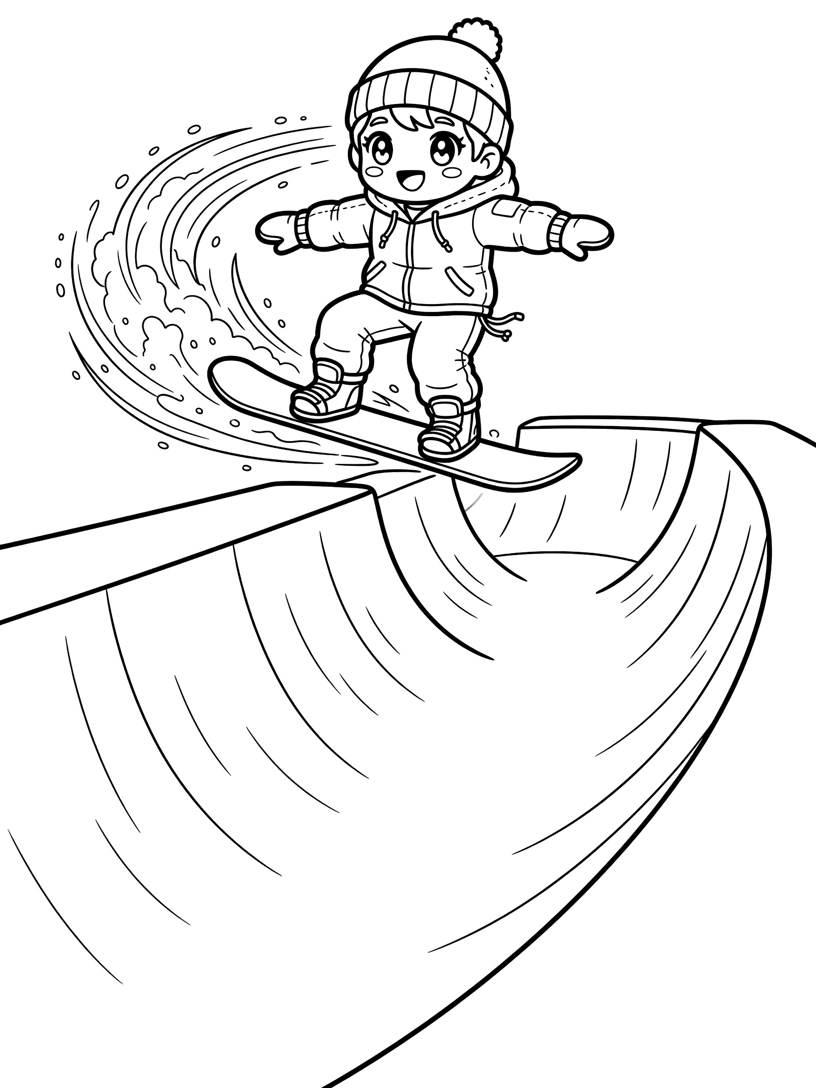 Cute chibi snowboarder in beanie and jacket grabbing tail of snowboard while flying over halfpipe with snow dust trails, line art coloring page