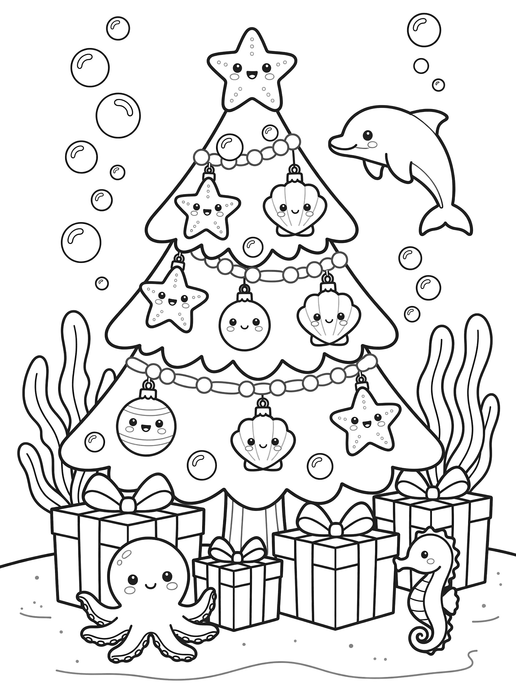 Kawaii black and white coloring page showing a cute underwater Christmas tree decorated with stars and shells, surrounded by presents, happy octopus, seahorse, dolphin, and bubbles.