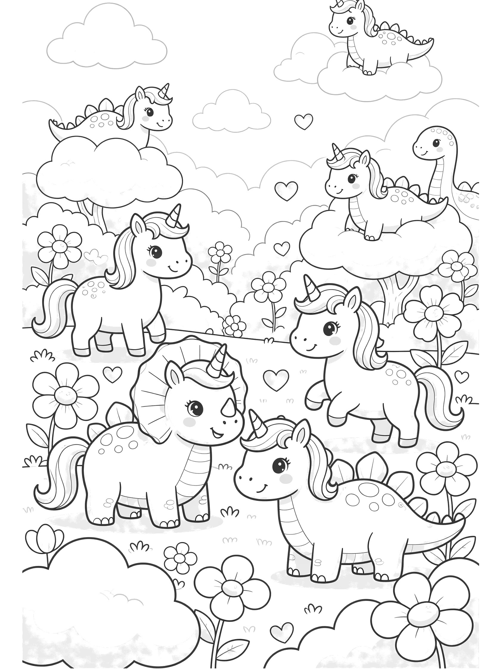Kawaii style coloring page showing adorable unicorns and dinosaurs in a unicorn cloud garden with fluffy clouds, flowers, hearts and friendly poses.