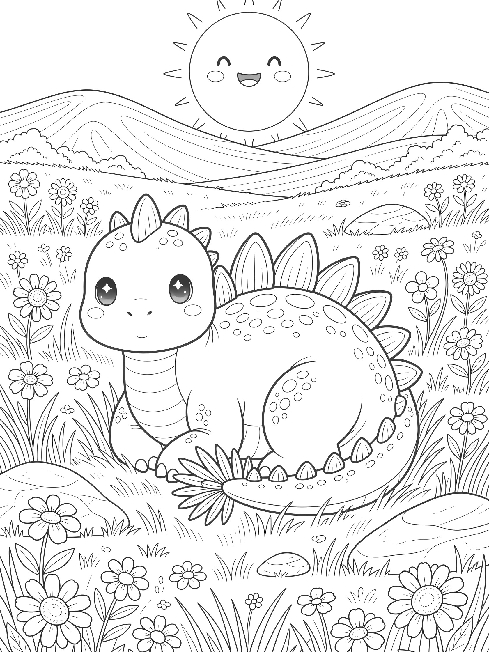 Kawaii-style Kentrosaurus dinosaur with big eyes, plates and spikes, resting on side in a meadow full of flowers, tall grass, rocks, hills, and smiling sun - detailed line art coloring page