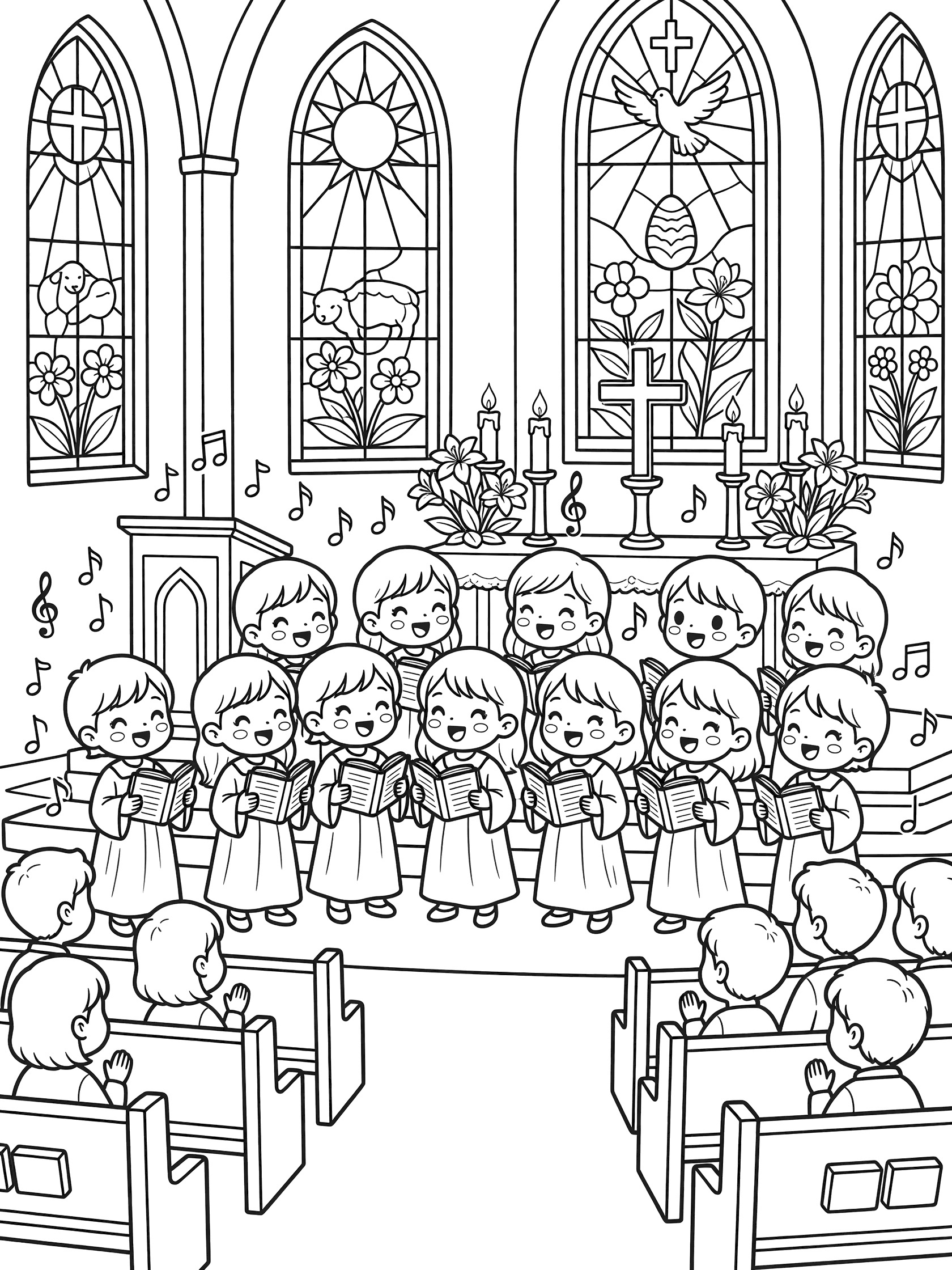 Black and white line art of joyful chibi kids choir singing Easter Sunday Mass in church with families in pews, altar flowers, and stained glass.
