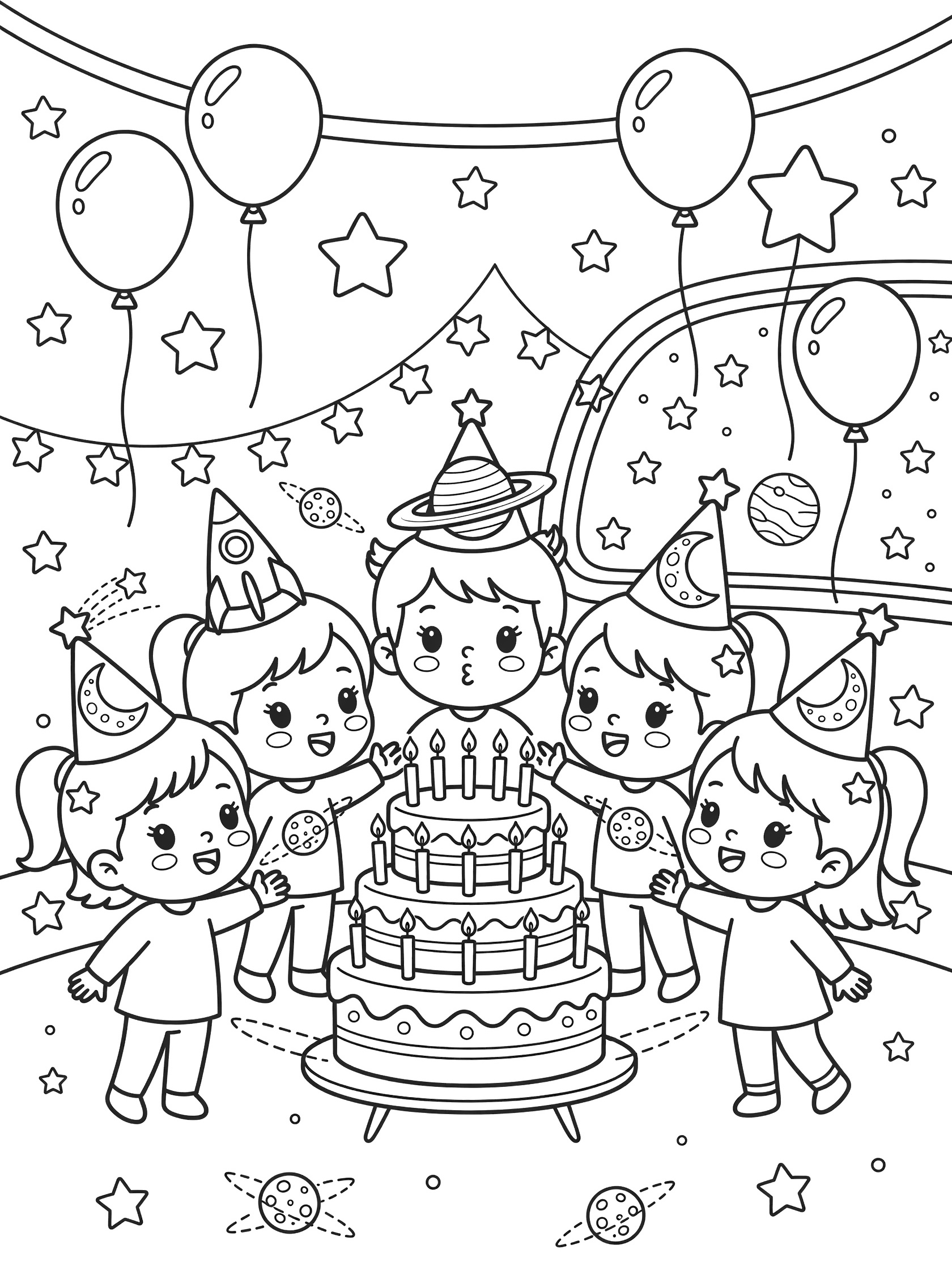 Kawaii line art coloring page showing elementary kids in pointy space-themed party hats gathered around a floating birthday cake, blowing candles with balloons and starry decorations.