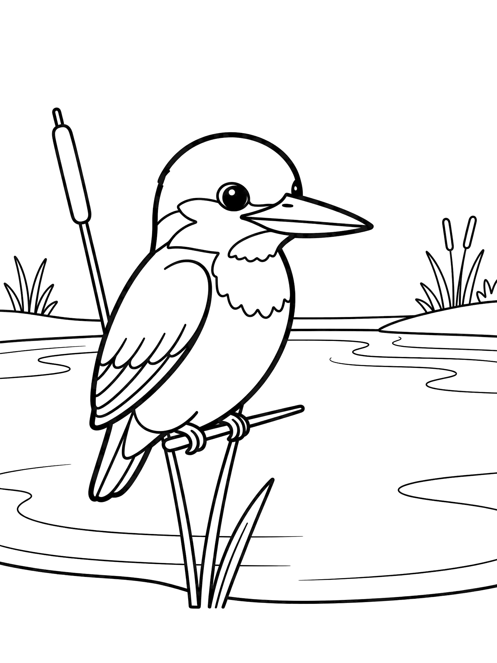 Black and white coloring page of a cute kingfisher bird with big eyes perched on a reed by a pond with water and more reeds