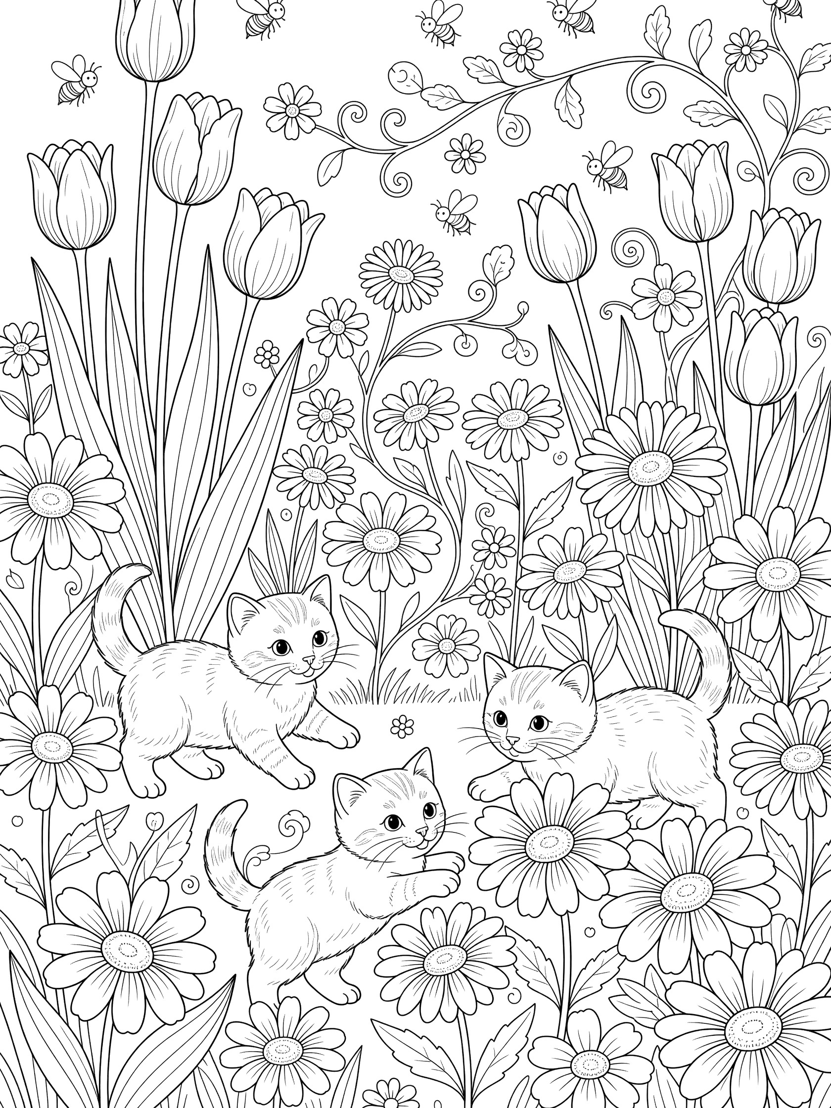 Black and white line art coloring page showing three kittens romping in a garden with tulips, daisies, stems, vines, and bees.