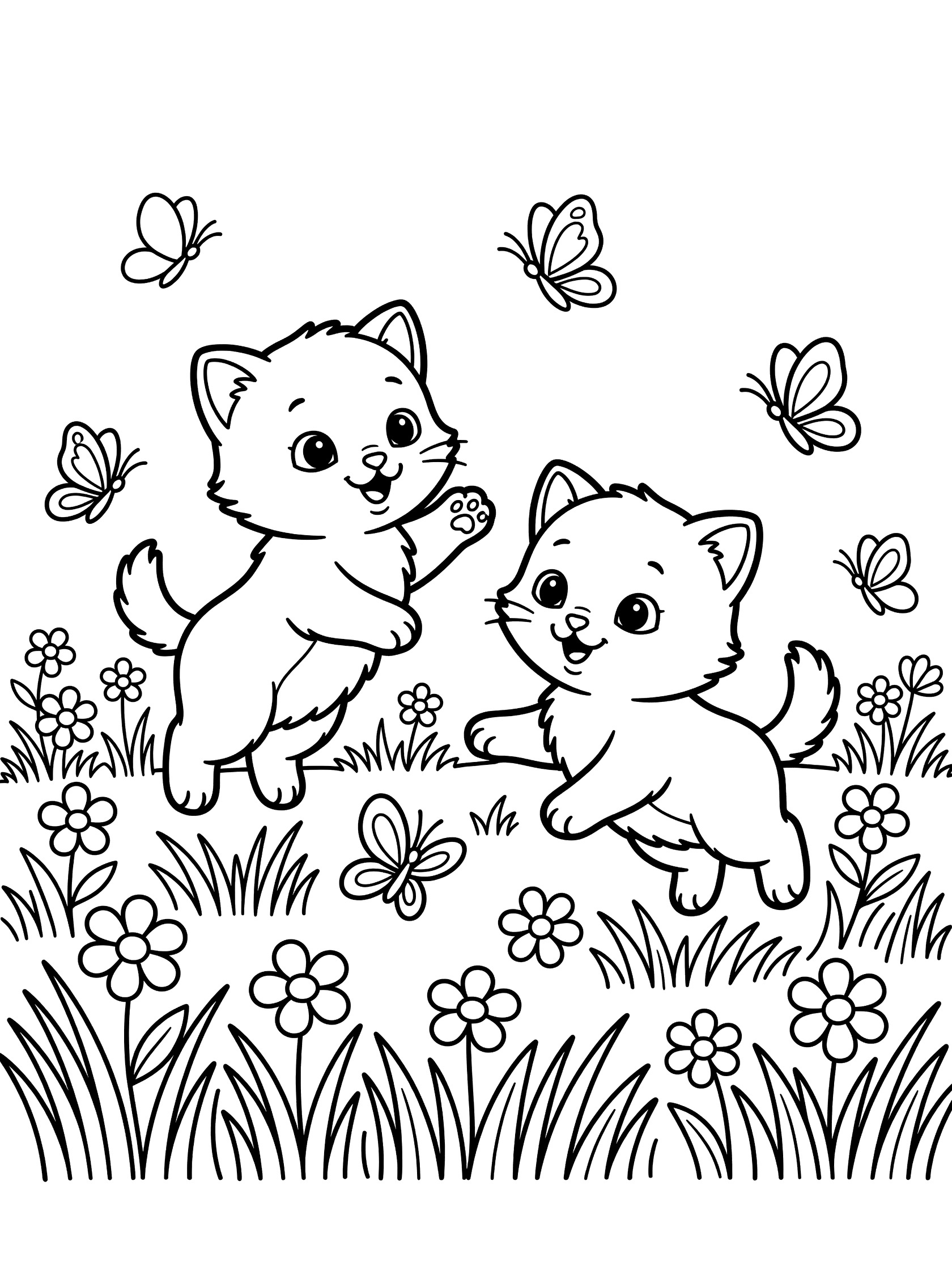 Black and white line art coloring page showing two cute kittens jumping to catch butterflies among grass and flowers in a meadow.