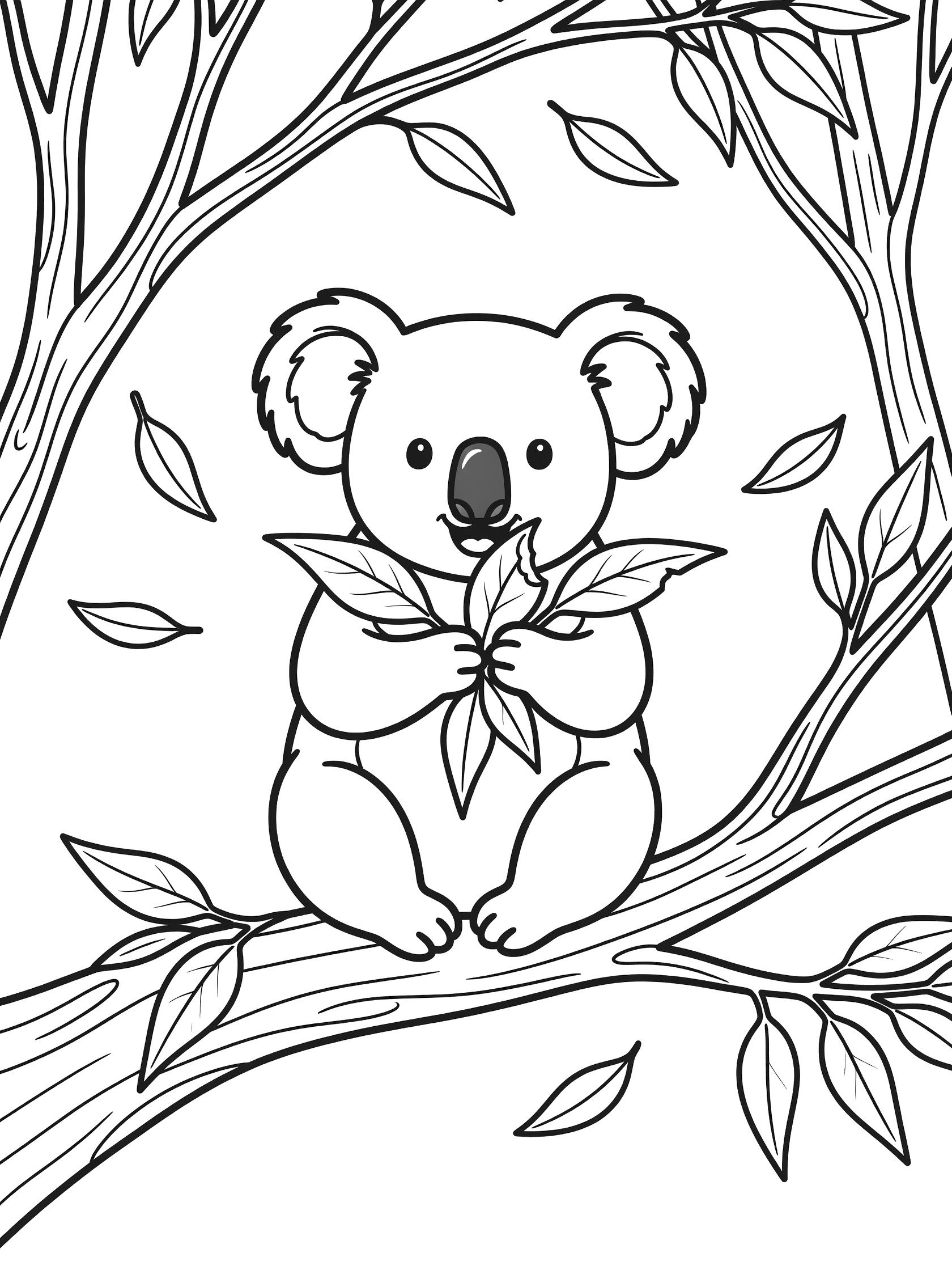 Black and white line art coloring page showing a koala bear sitting upright on a tree branch, eating large leaves with paws, surrounded by branches and falling leaves.