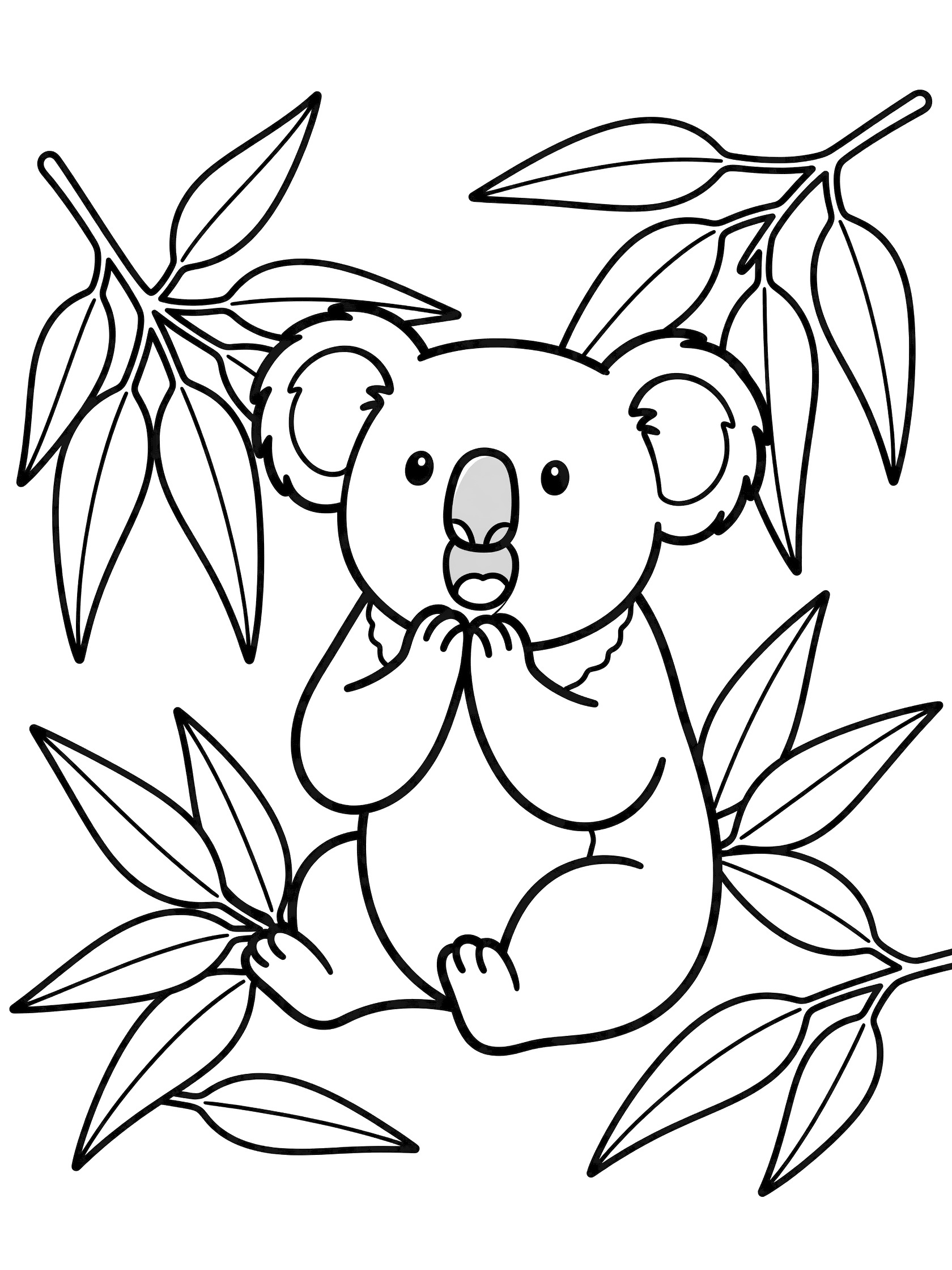 Black and white line art coloring page showing a cute koala bear sitting on the ground yawning widely with front paws covering its mouth, ears perked up, and simple geometric eucalyptus leaves around it.