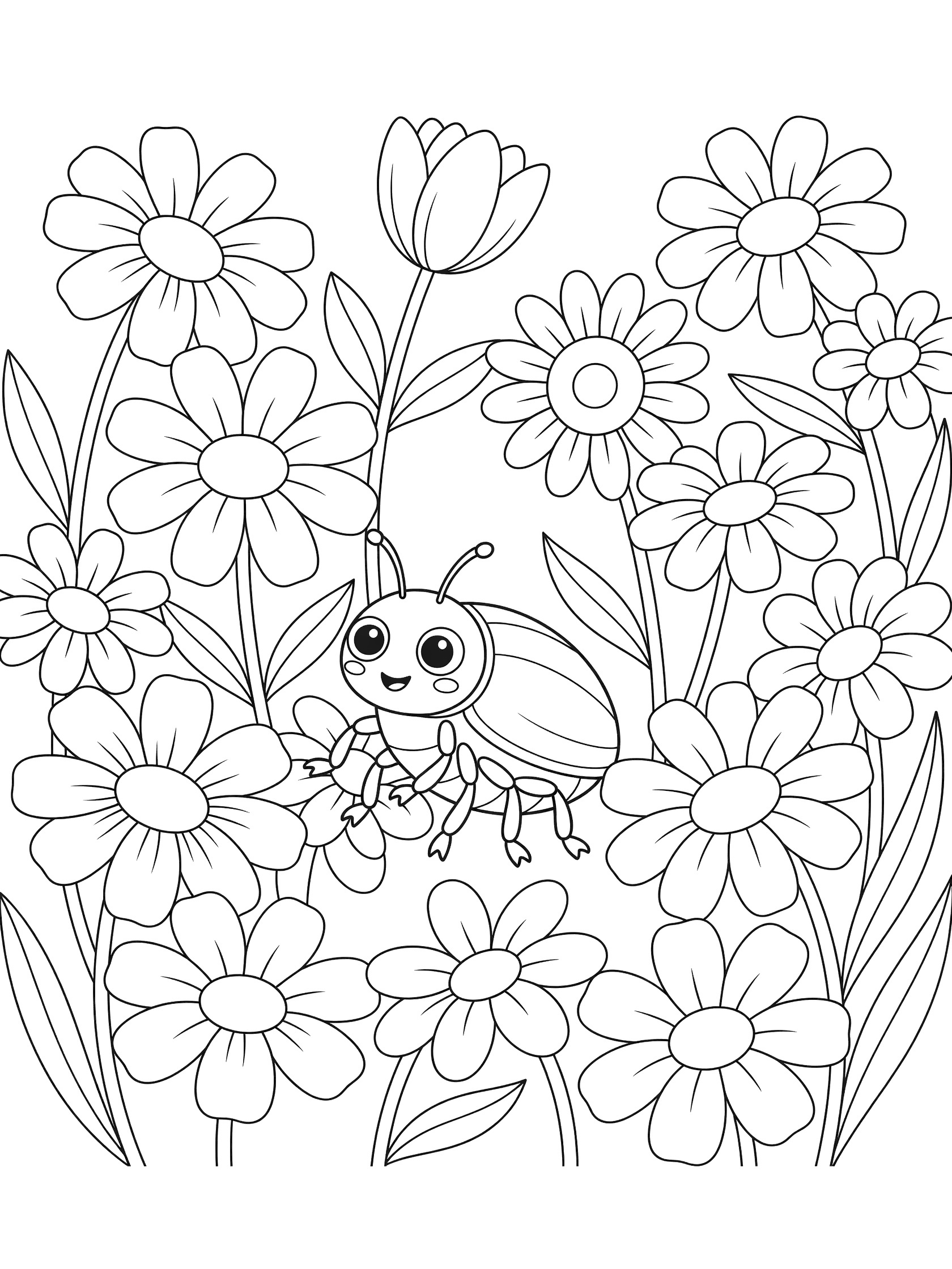 Black and white line art coloring page showing a cute ladybug with big happy eyes sitting among large daisies and tulip flowers with stems and leaves. Beetle themed black and white printable line art