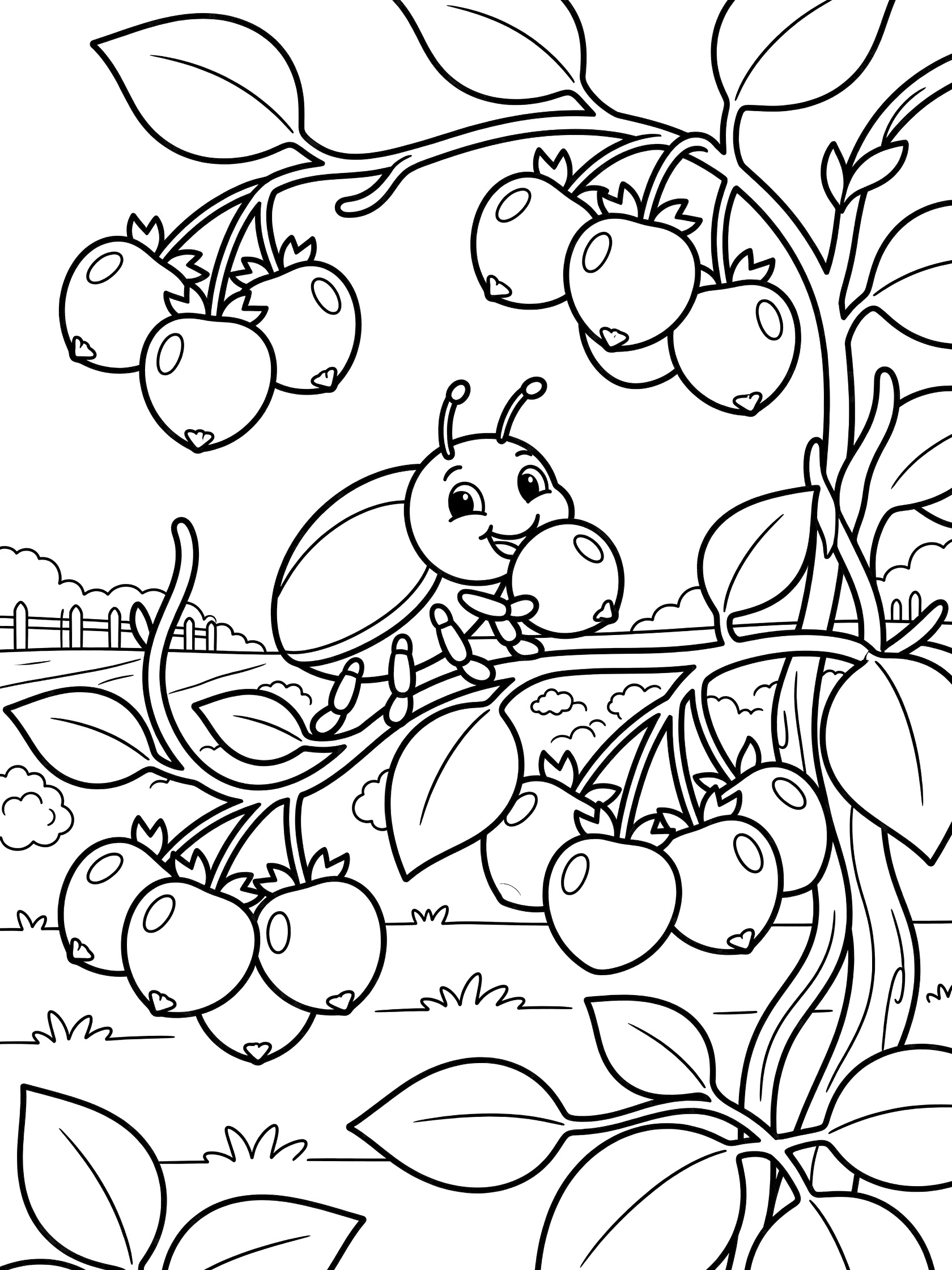 Black and white line art coloring page showing a cute ladybug with big eyes eating a blueberry on a bush with berries, leaves, stems, and a simple fence in the background. Beetle themed black and white printable line art