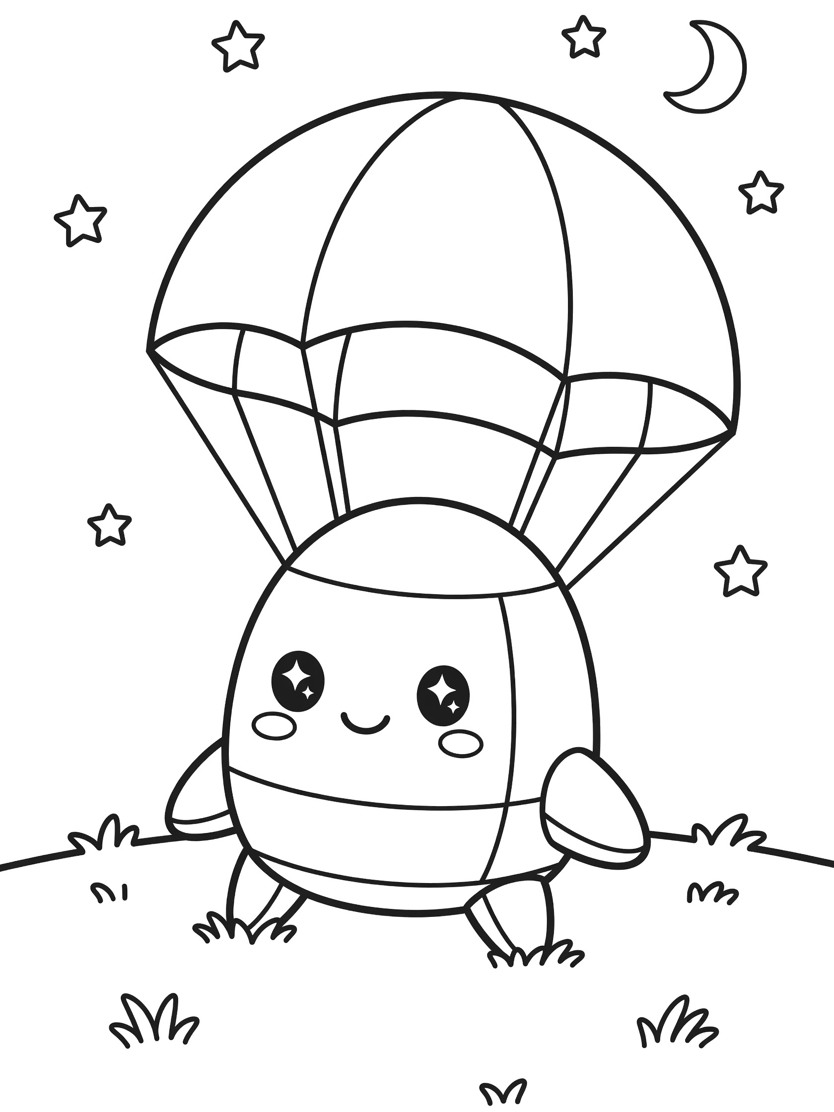 Black and white line art of adorable kawaii reentry vehicle with big eyes and smile, parachute above, on grassy field under starry sky with moon