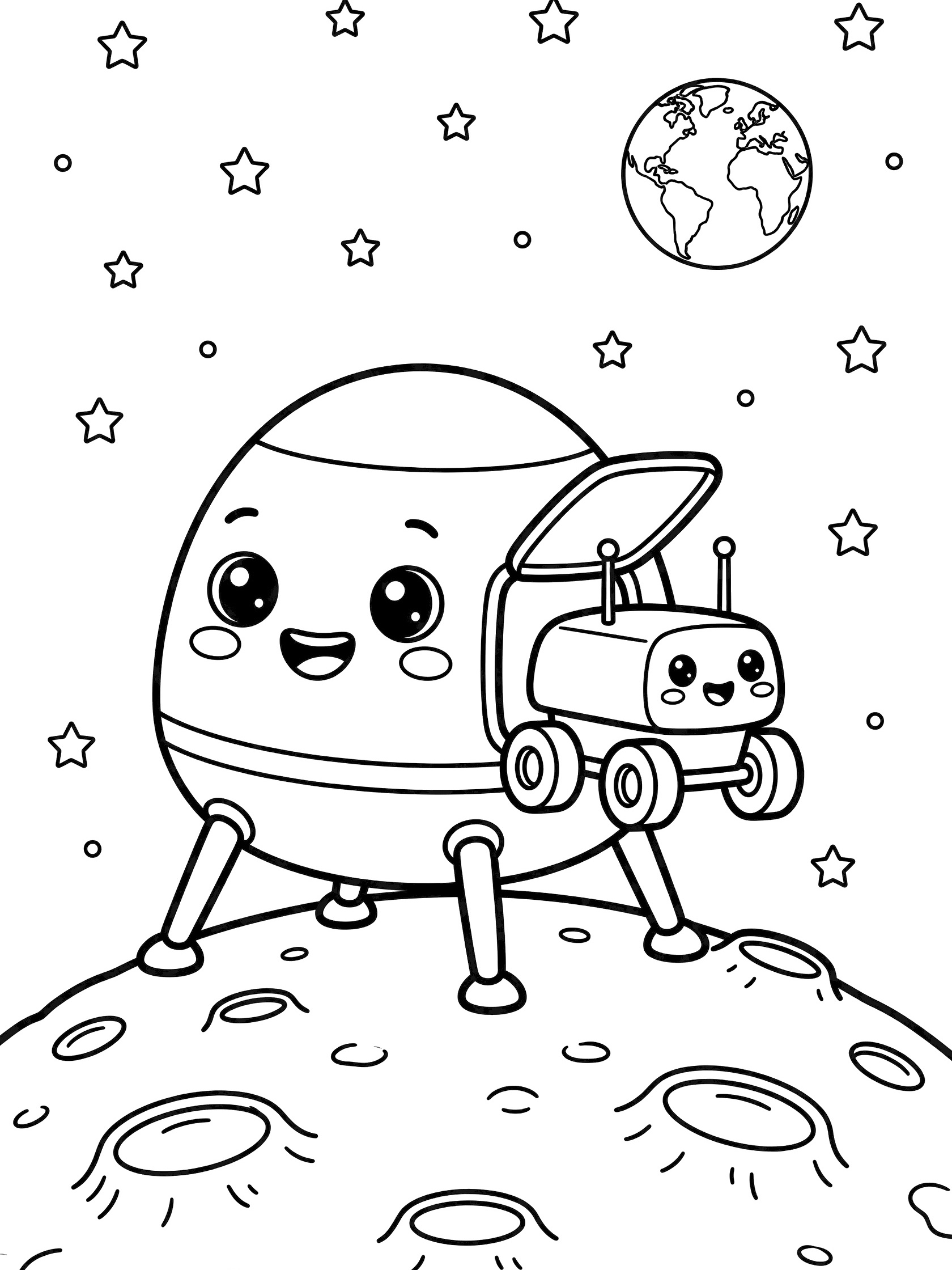 Kawaii landing module with big eyes and smile gently landing on moon surface, cute rover with wheels and antennas peeking from open door, stars and Earth above.