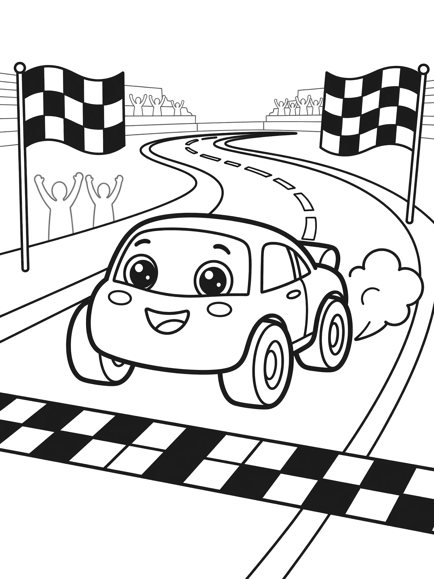 Kawaii Legend Car with big eyes and a grin racing across checkered finish line, checkered flags waving, dust from tires, on a winding track with grandstands.
