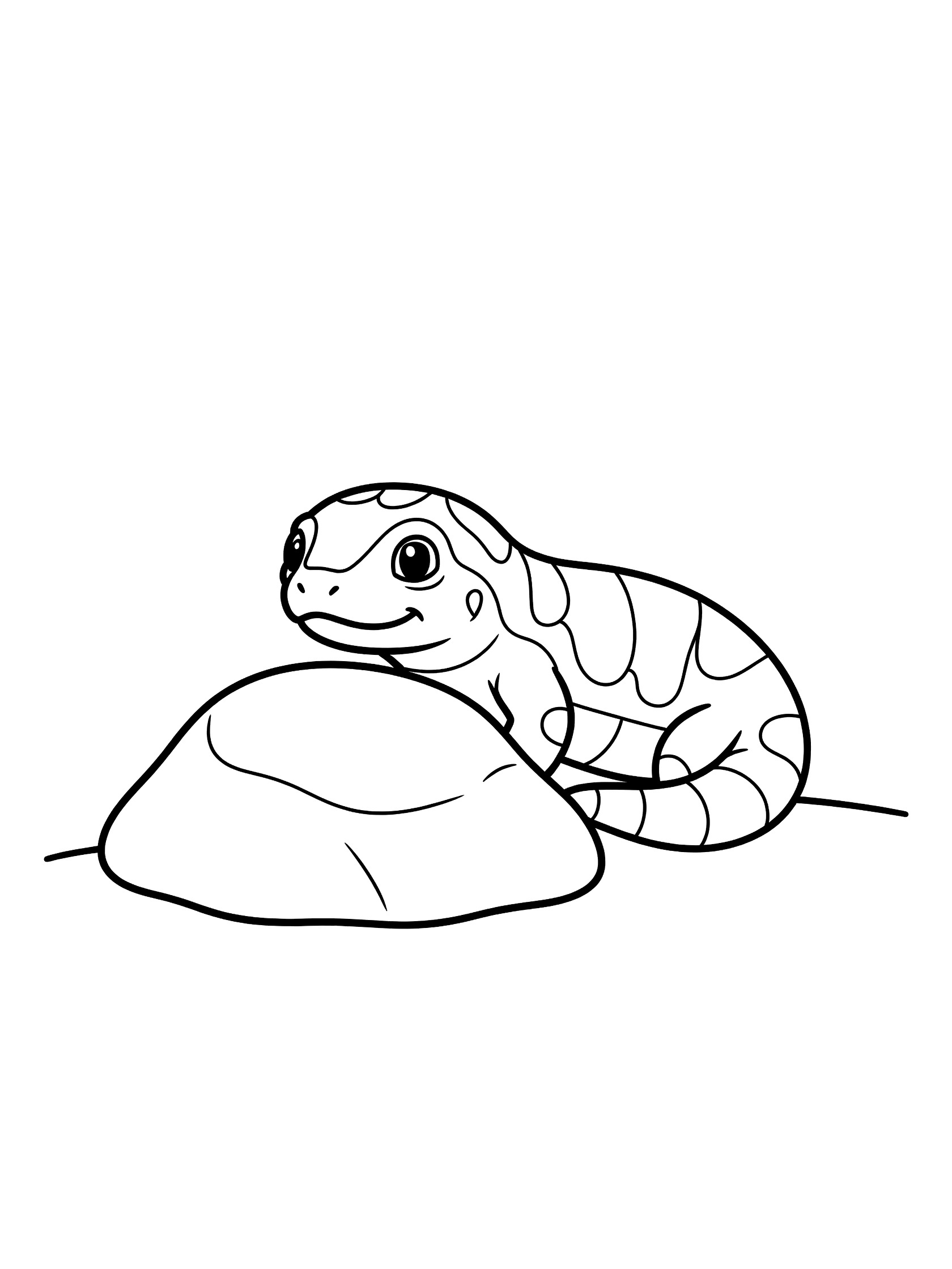 Black and white line art coloring page showing a cute leopard gecko with big eyes hiding behind a round rock. Gila Monster themed black and white printable line art