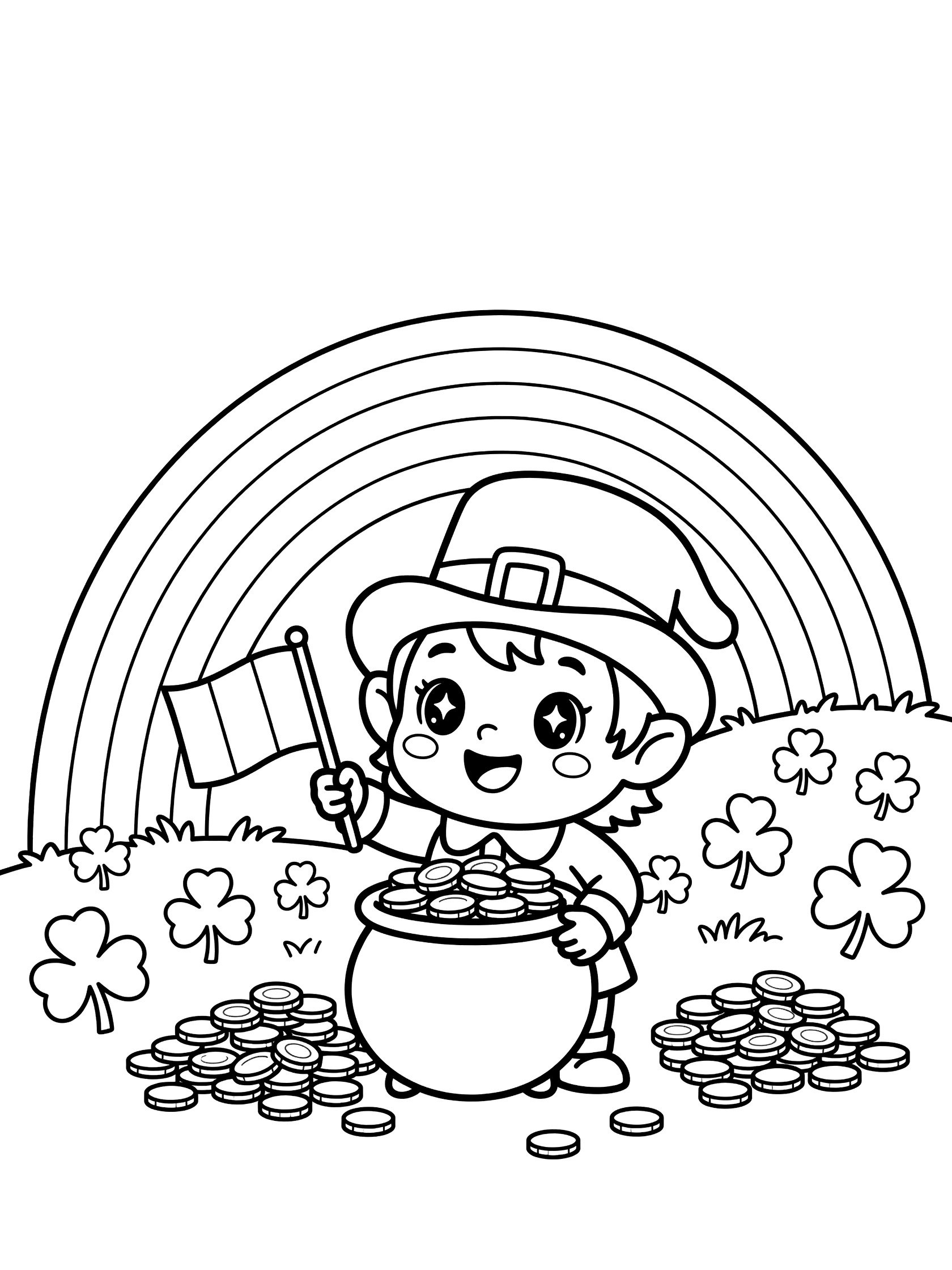Kawaii chibi leprechaun in green hat holding Irish flag in one hand and overflowing pot of gold in the other, standing on grassy hill with rainbow and shamrocks coloring page