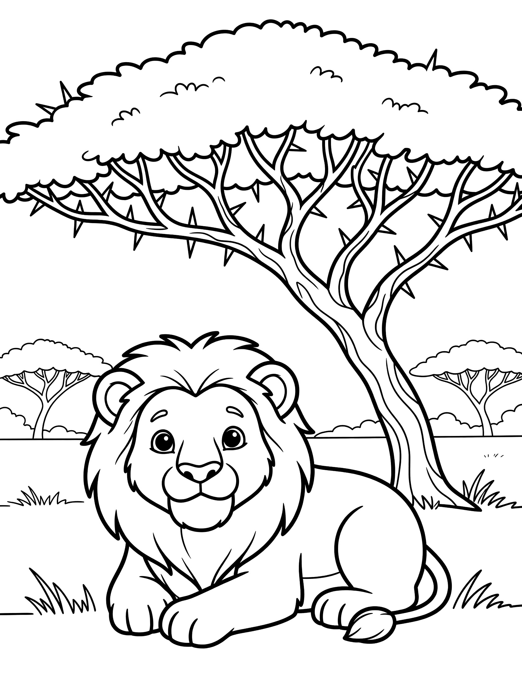 Black and white line art coloring page showing a cute lion cub with big eyes sitting under a large acacia tree with thorny branches, grass, and distant trees on a white background.