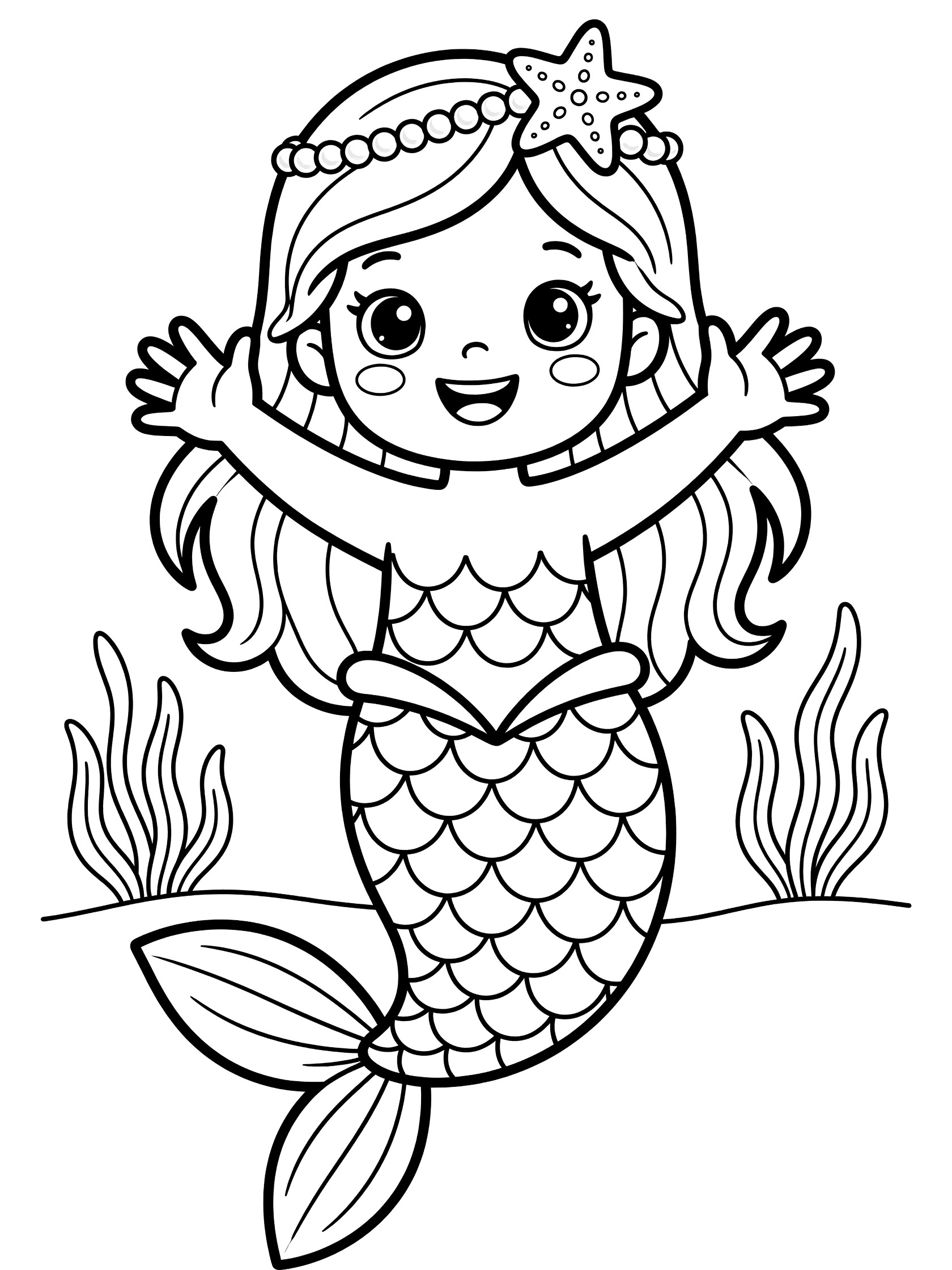 Adorable kawaii-style little mermaid coloring page with mermaid crown of pearls and starfish, joyful pose, minimal seaweed, clean line art for printing