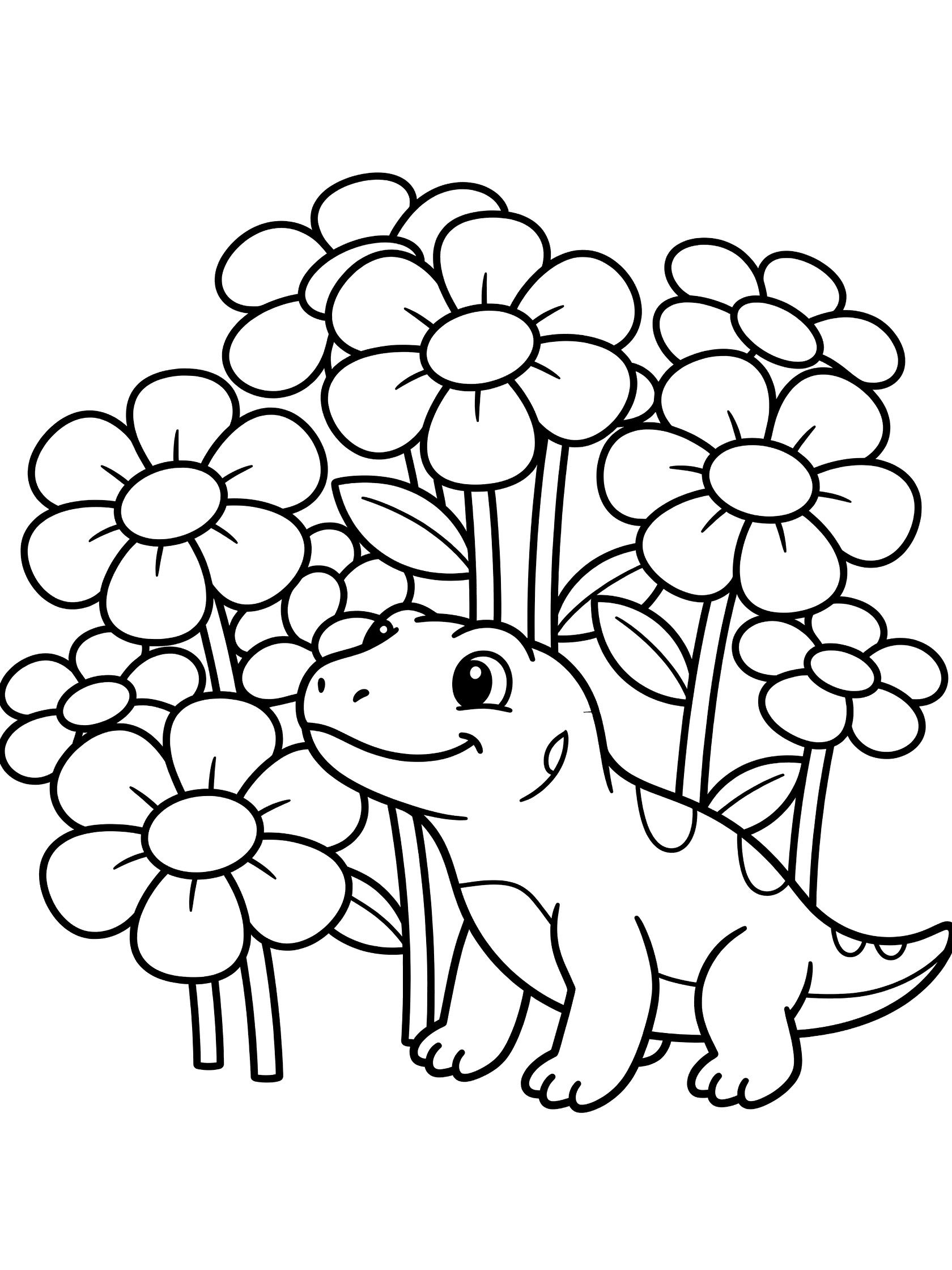 Black and white coloring page showing a cute lizard with a big smile sniffing a bunch of large round flowers on stems. Komodo Dragon themed black and white printable line art
