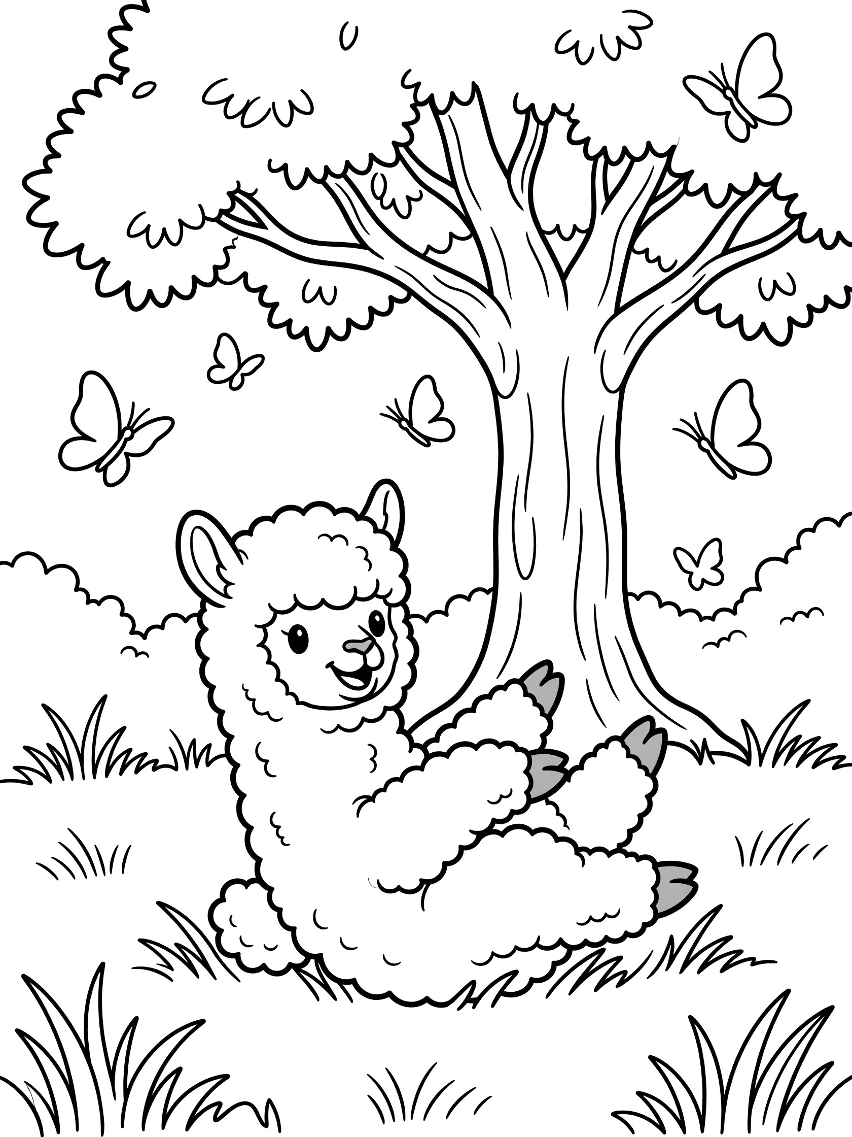 Black and white line art coloring page showing a fluffy llama sitting happily in grass under a large tree with several butterflies fluttering nearby. Alpacas themed black and white printable line art